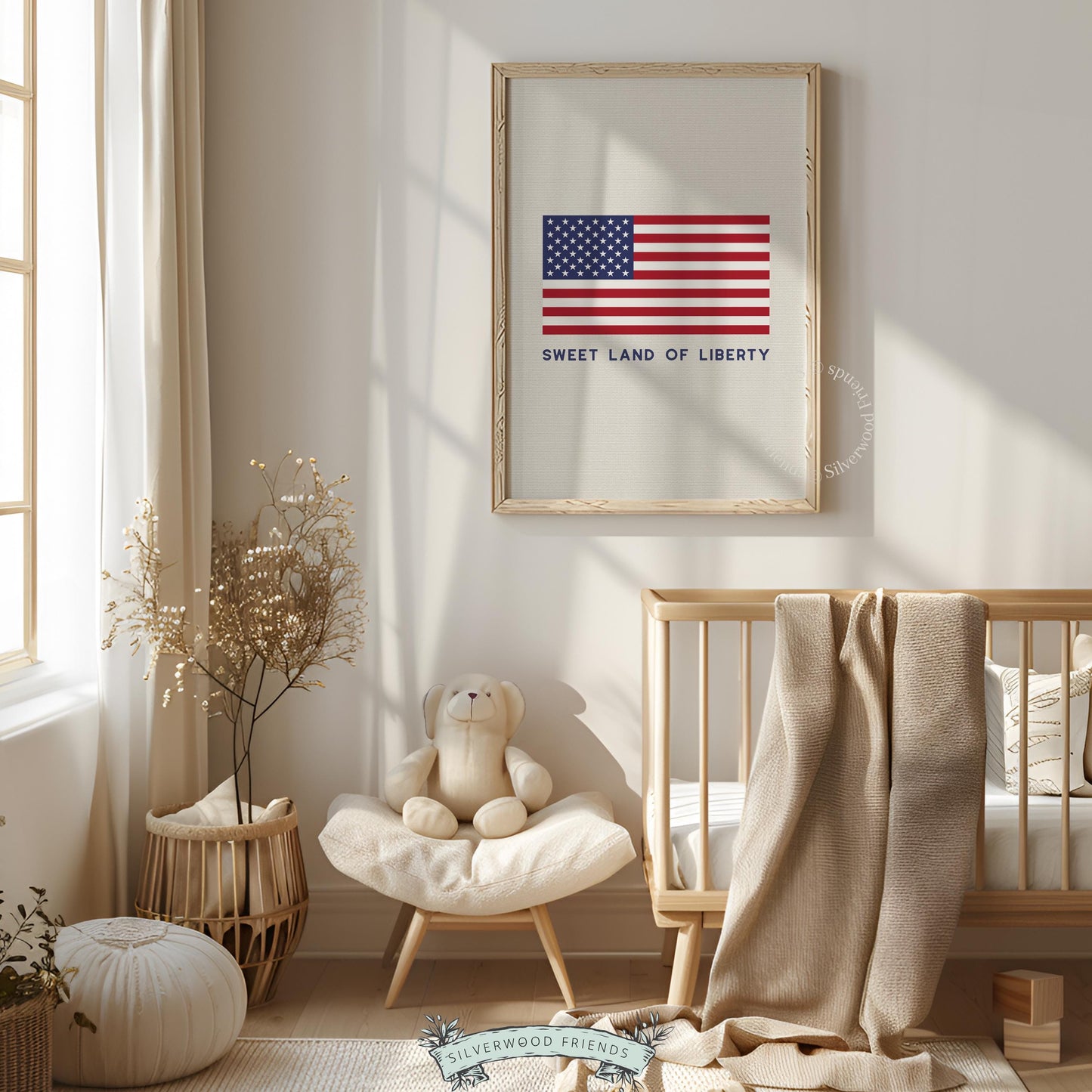 Red white blue flag poster for home office — timeless American symbol with cottage-style lettering and neutral backdrop