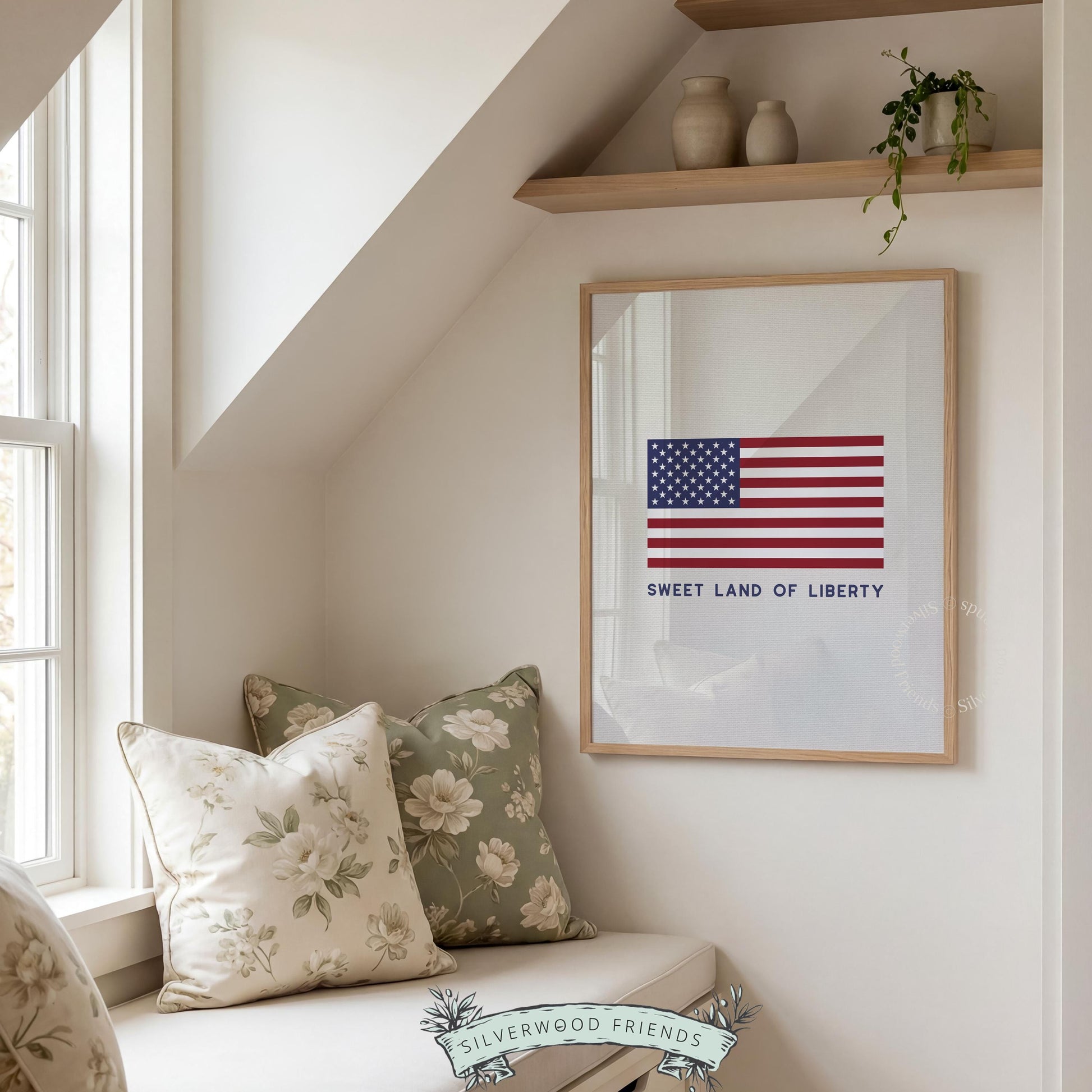 Vintage patriotic painting printable — heritage US flag design with elegant serif text for holiday décor