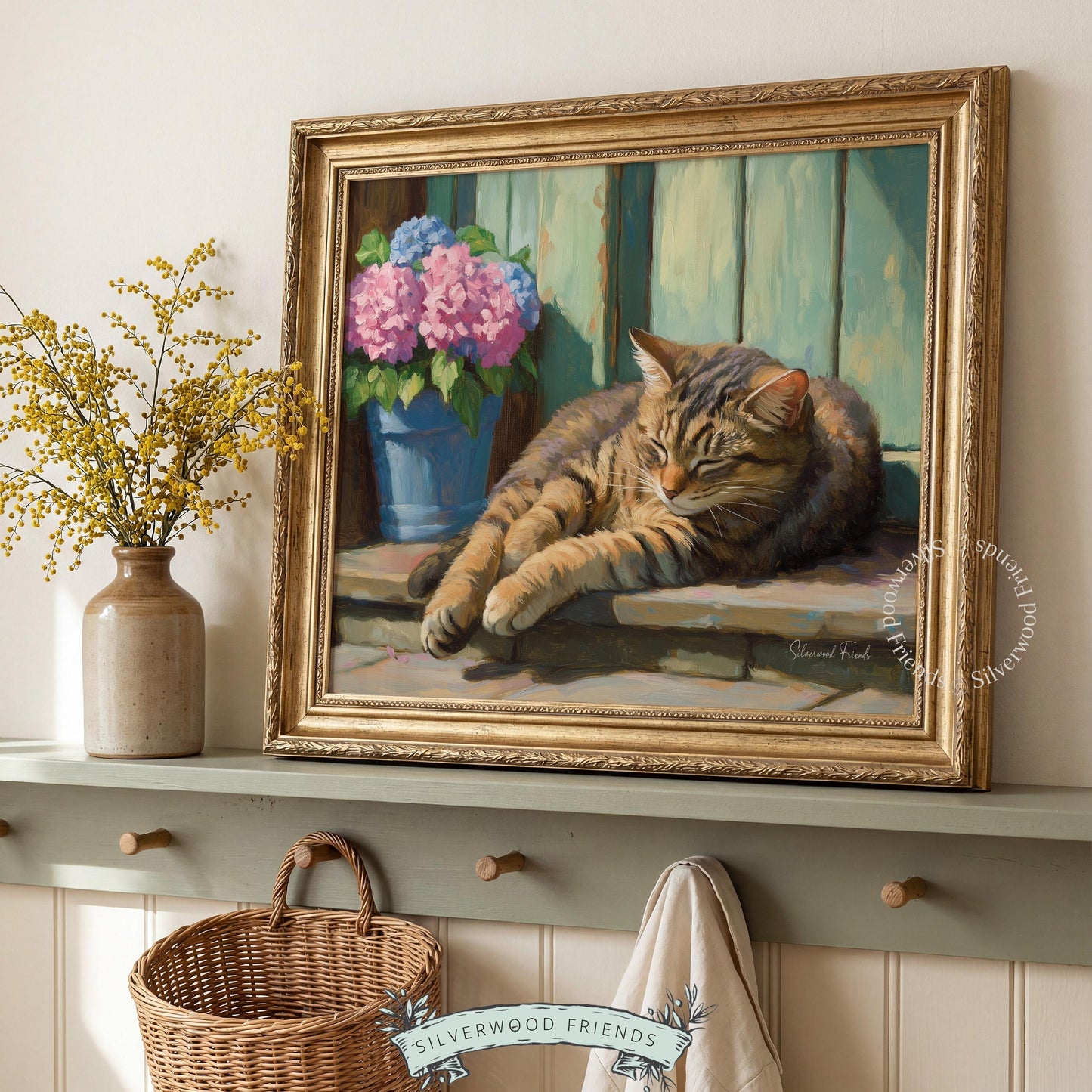 Cat sleeping artwork for garden room — rustic piece depicting a playful charm with natural light bringing warmth.