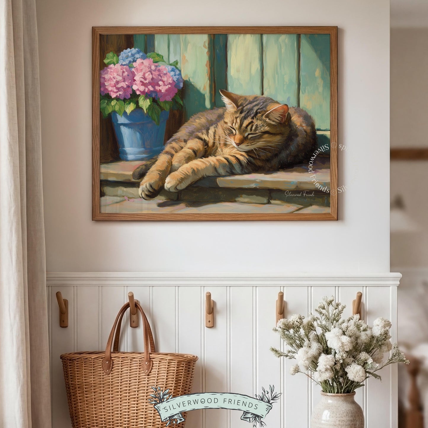 Tabby cat in peaceful slumber wall decor for dining area — artistic blend of tranquility and country elegance.