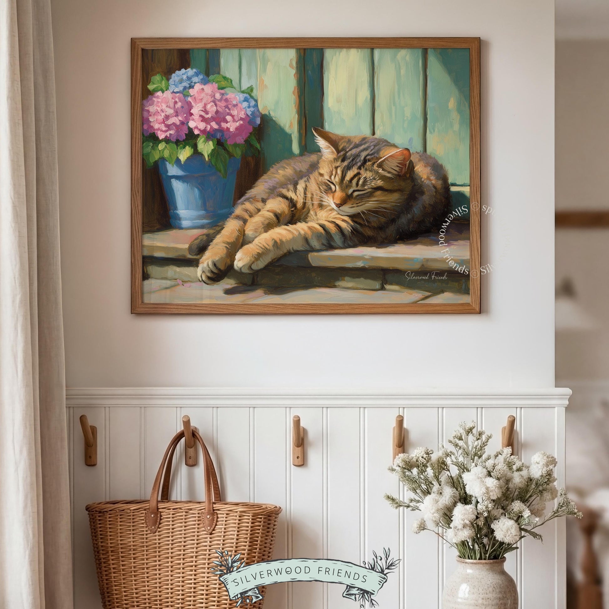 Tabby cat in peaceful slumber wall decor for dining area — artistic blend of tranquility and country elegance.
