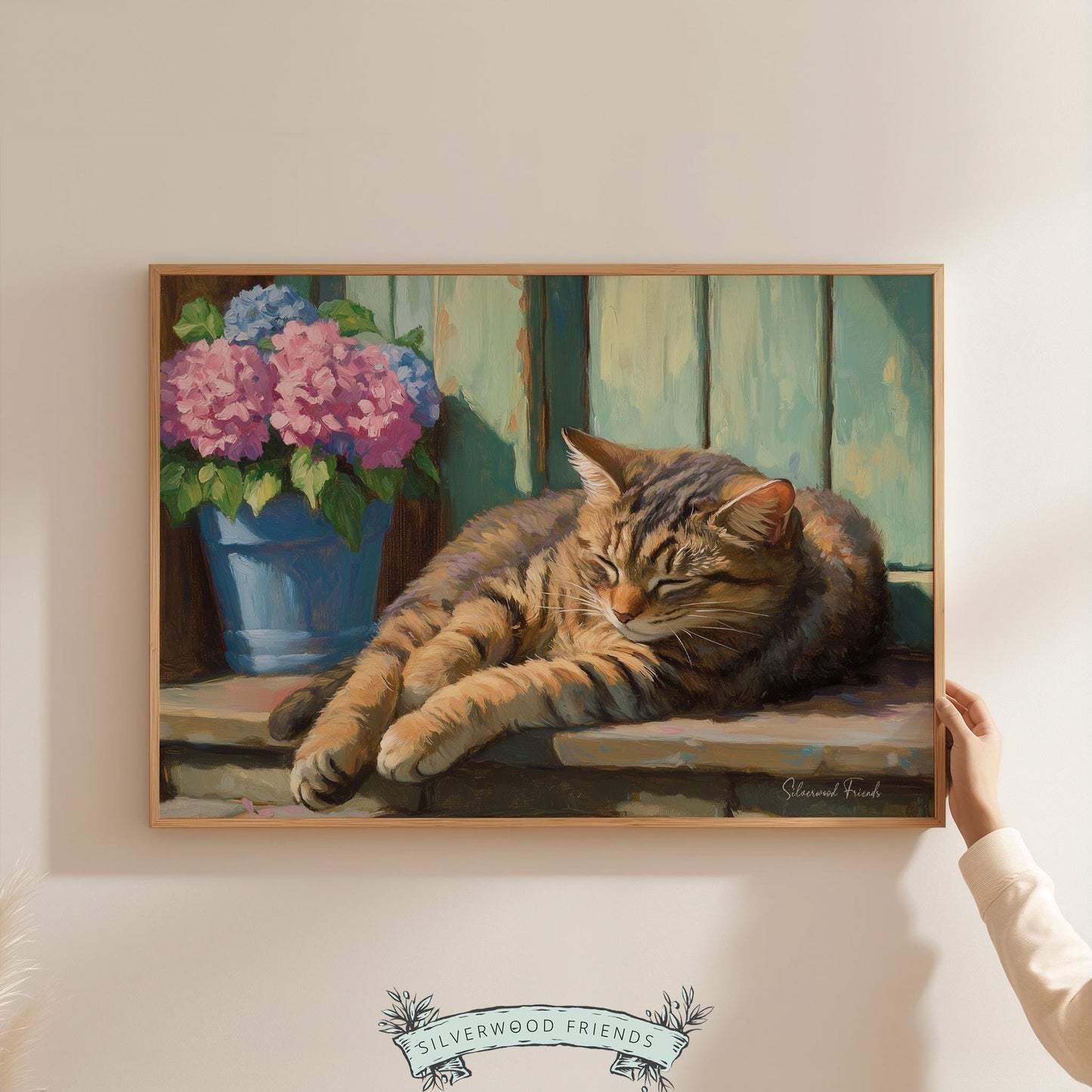 Dreamy tabby cat printable art for relaxing space — warm-toned artwork with delightful hydrangeas and rustic character.