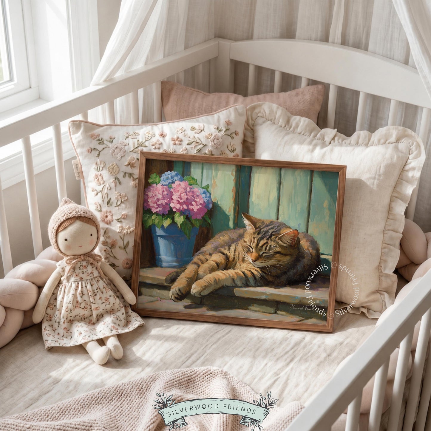 Cozy tabby cat printable wall art for hallway — a relaxing composition featuring a vintage touch and earthy pastel palettes.