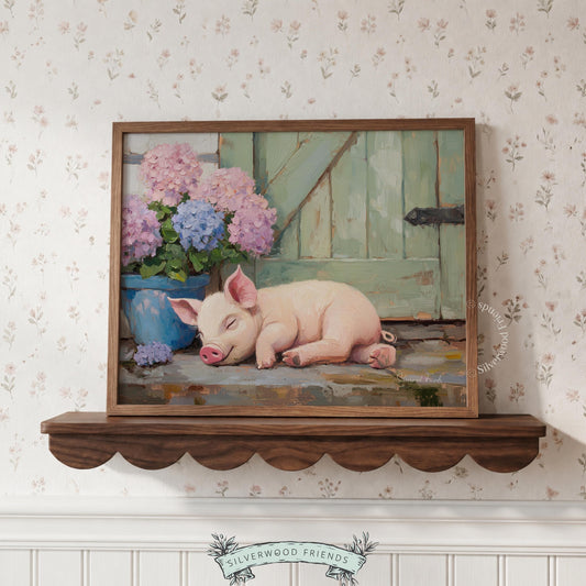 Sleepy pink piglet wall art for nursery — charming farmhouse style with soft pastel colors and cozy vibes