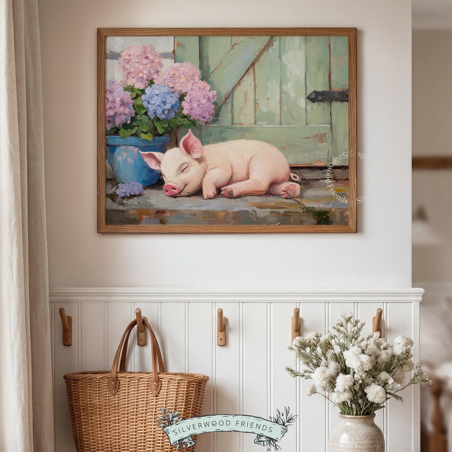 Peaceful piglet poster for farmhouse kitchen — rustic country charm with soft hues and painterly details