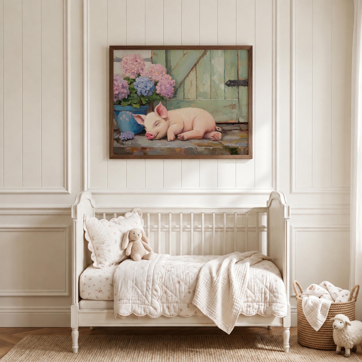Cute pink pig wall art for gallery wall — perfectly styled for a welcoming atmosphere with its rustic charm