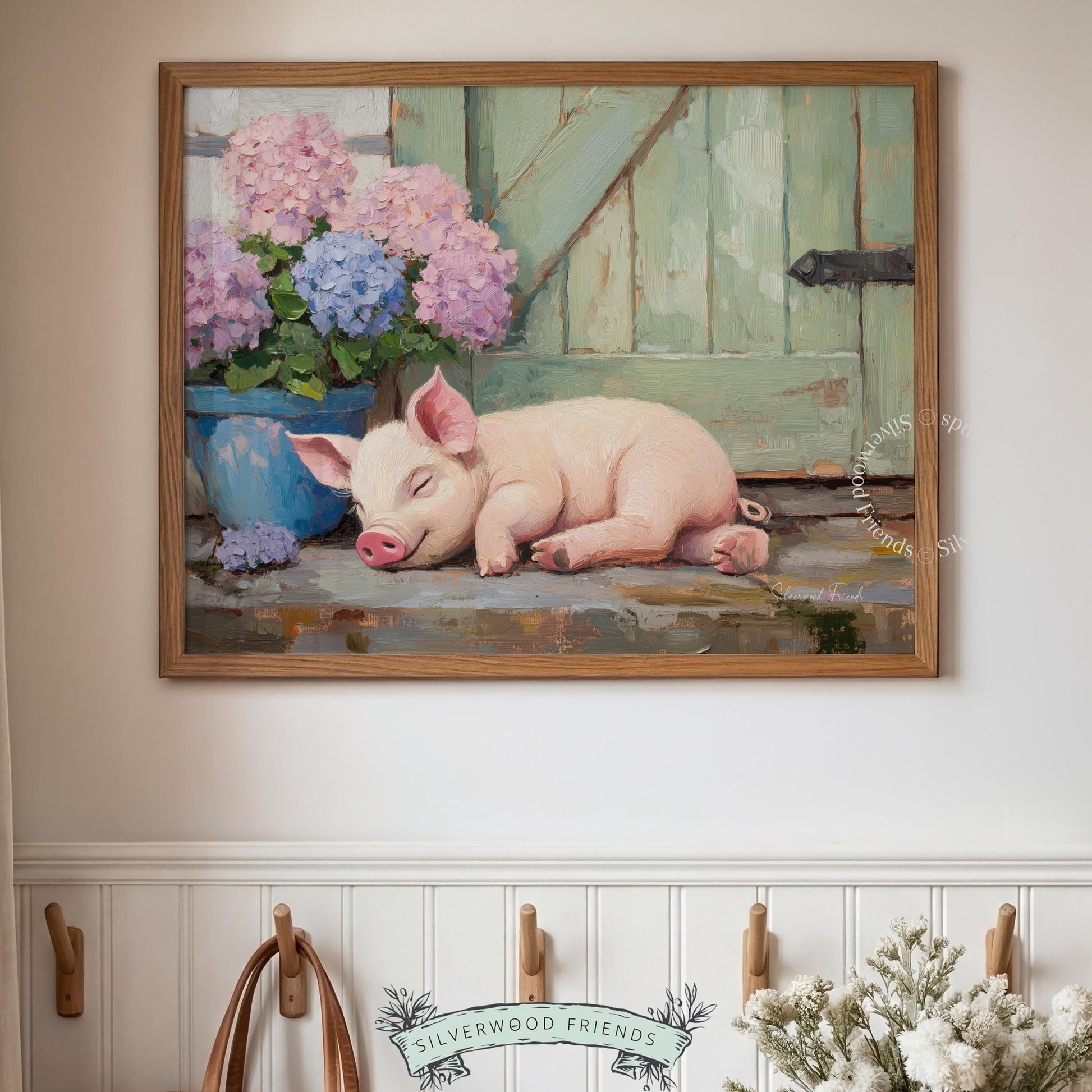 Soft-hued piglet wall art for bedroom — a delightful rustic piece with various pastel tones depicting serene moments