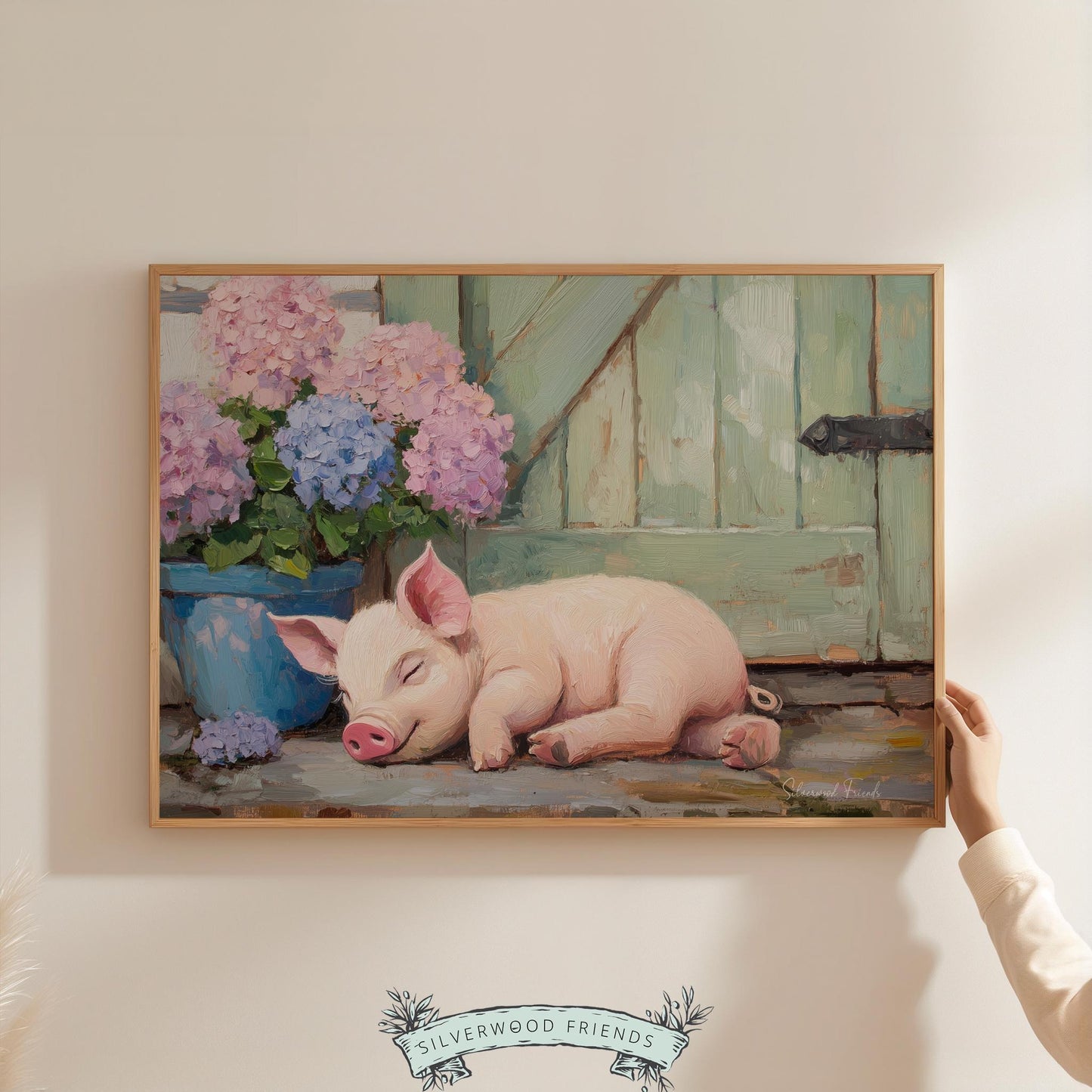 Sleepy piglet picture for family living area — vintage-style art showcasing pastel tones and a lovely farmhouse atmosphere