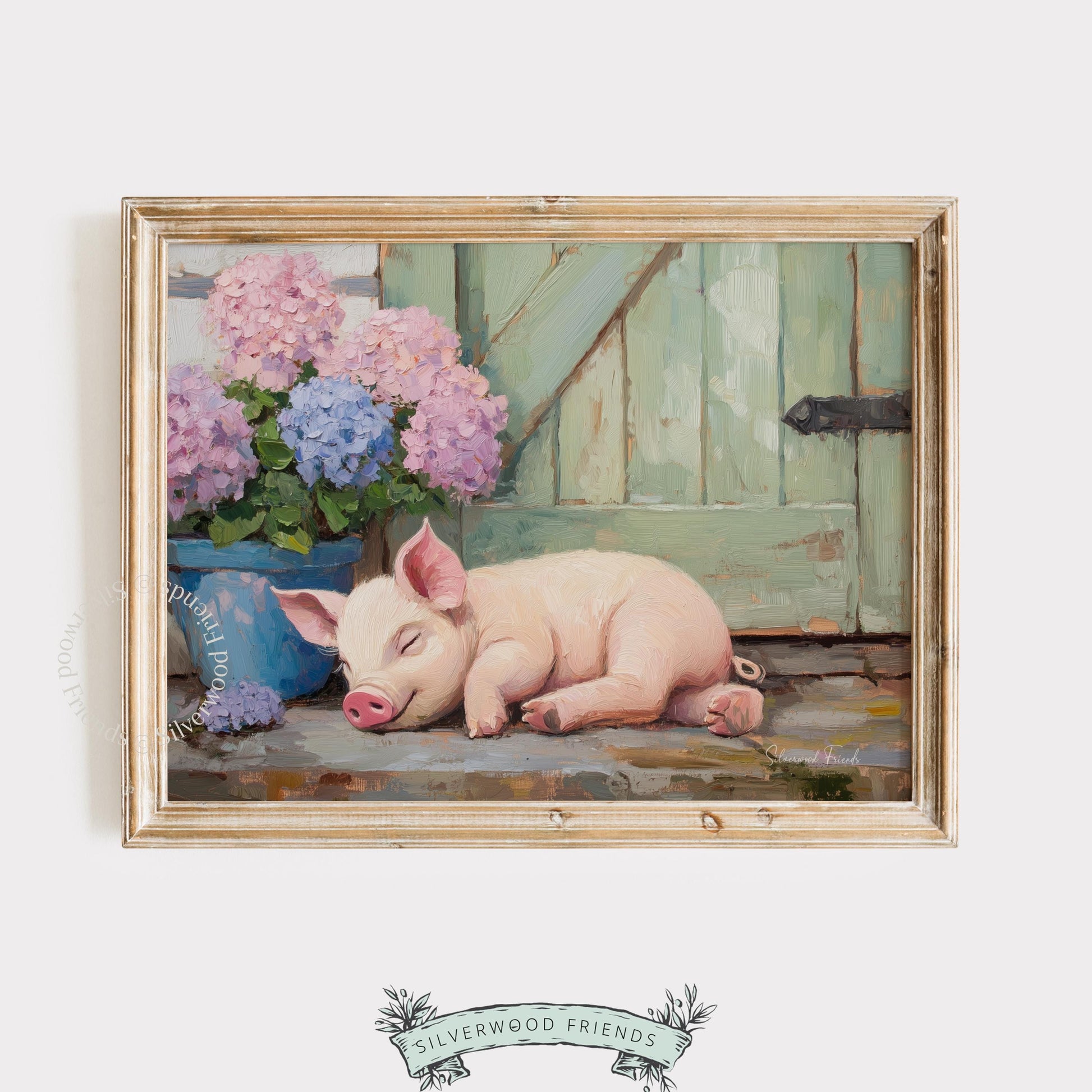 Cozy piglet digital print for living room — warm country painting with calming colors and inviting atmosphere
