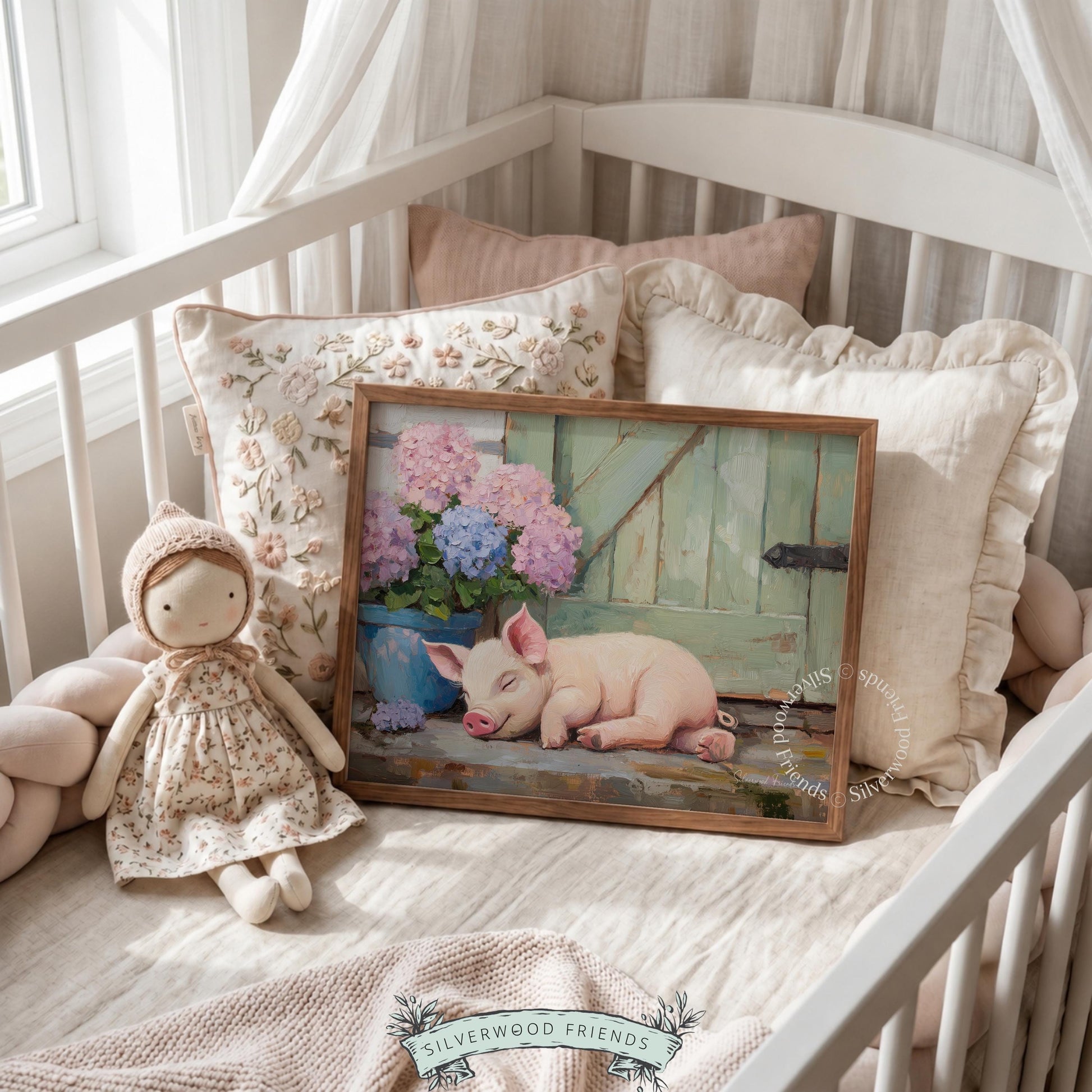 Serene pink piglet wall art for children’s nursery — charming, comfortable design to create a tranquil environment