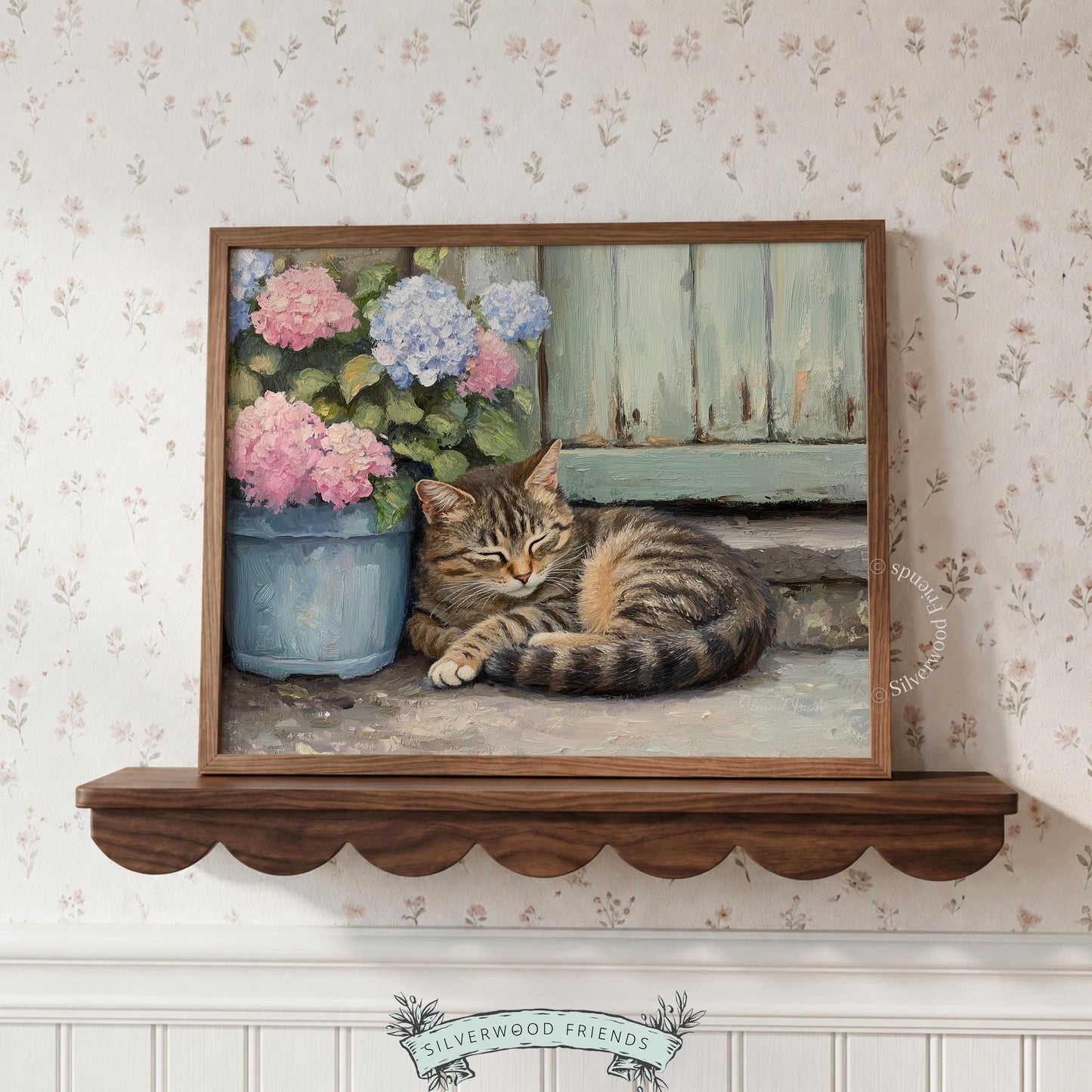 Relaxed cat art for dining room — peaceful composition blending florals and a rustic wooden backdrop