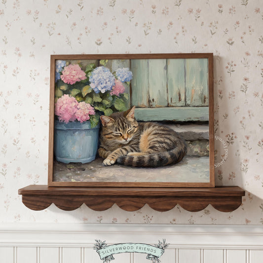 Relaxed cat art for dining room — peaceful composition blending florals and a rustic wooden backdrop