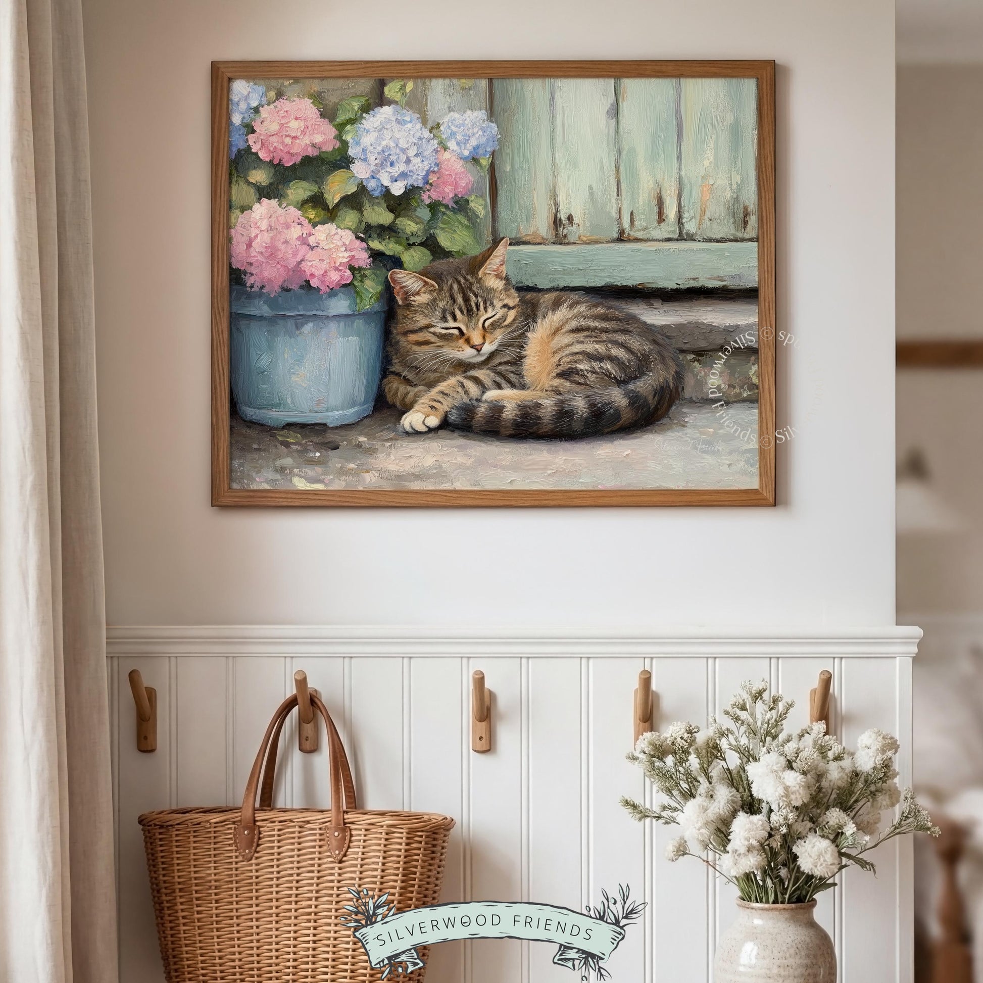 Peaceful cat oil painting for hallway — charming scene with pastel blooms enhancing the soothing vibe