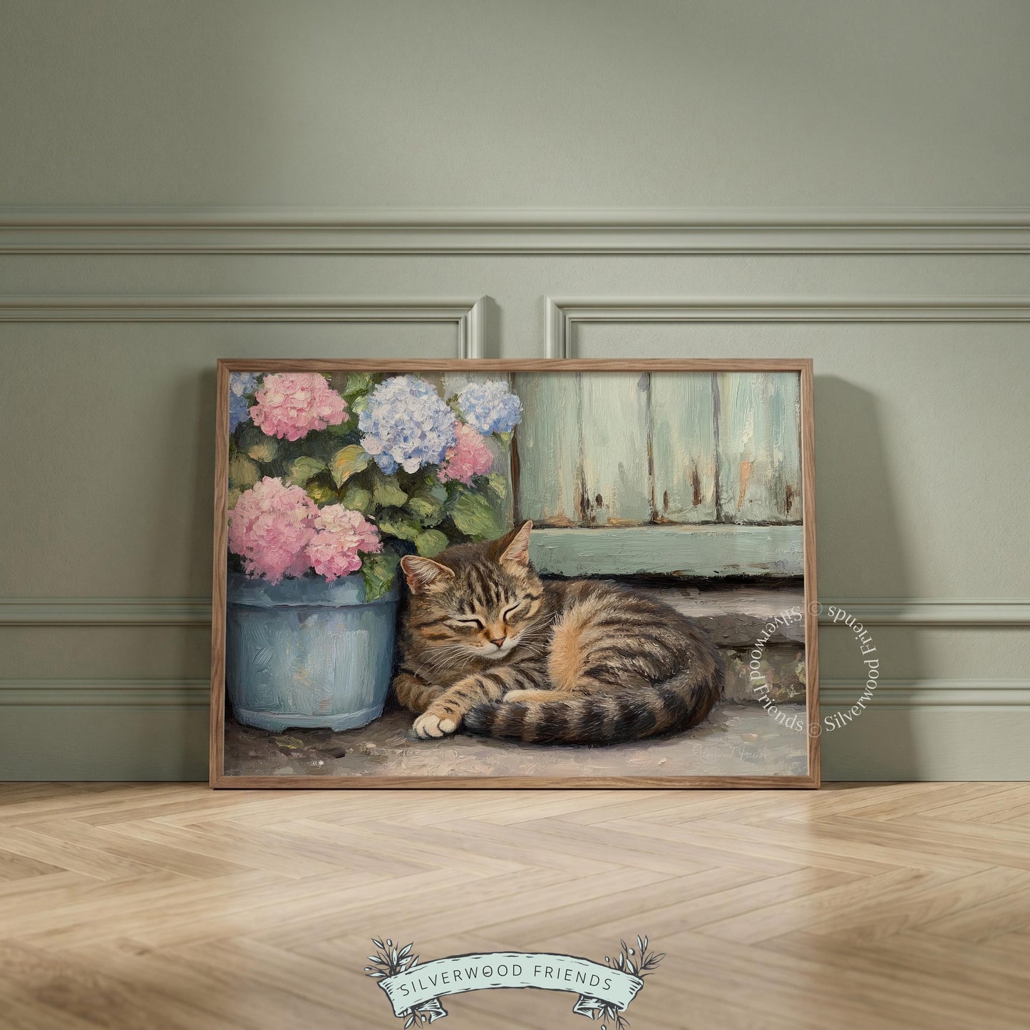 Content tabby cat digital print for entryway — inviting farmhouse ambiance with hydrangeas and a rustic color palette