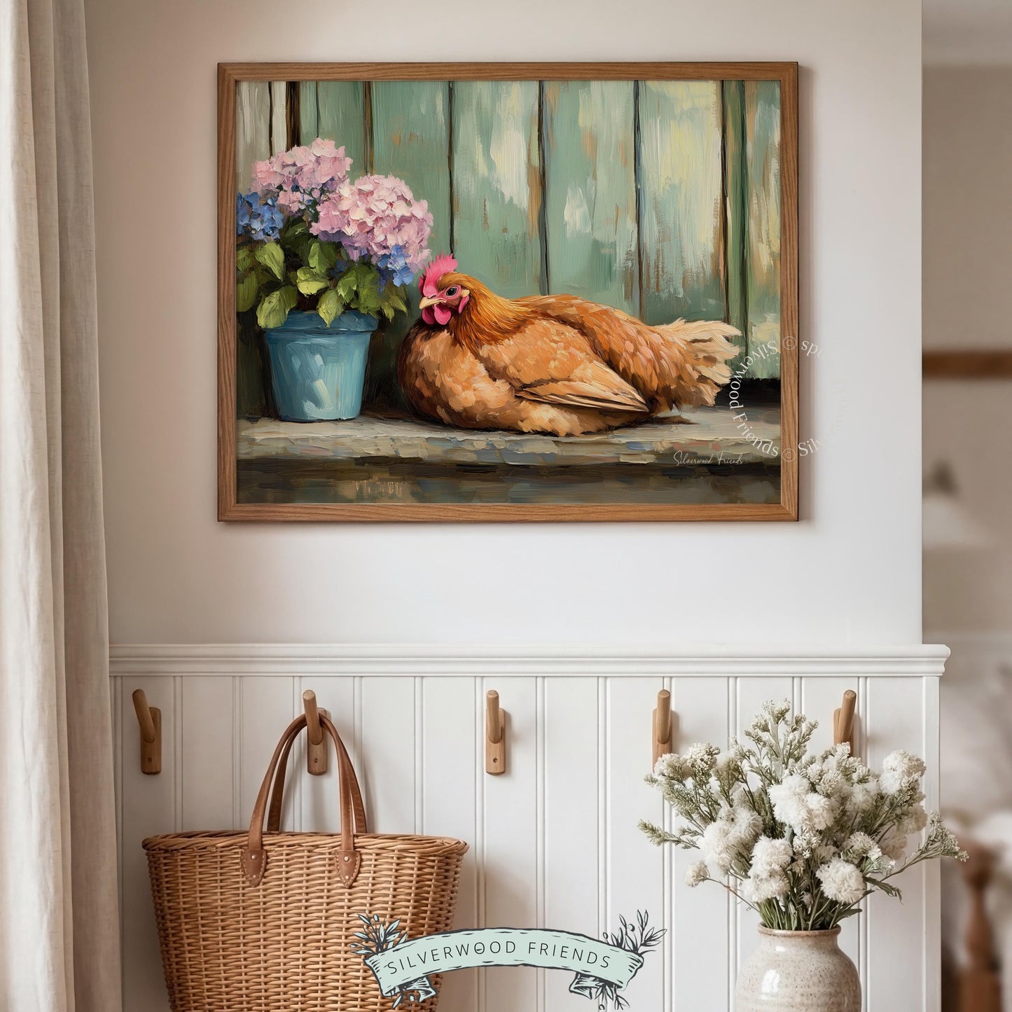 Vintage hen picture for rustic kitchen — charming oil painting that adds warmth and character to your home.