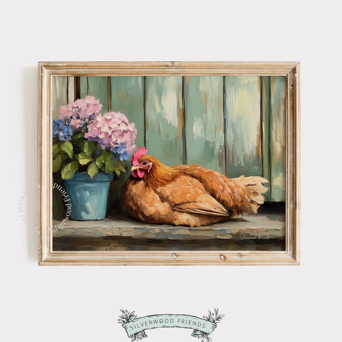 Charming hen picture for family room — rustic oil painting with painterly style that brings warmth and coziness.