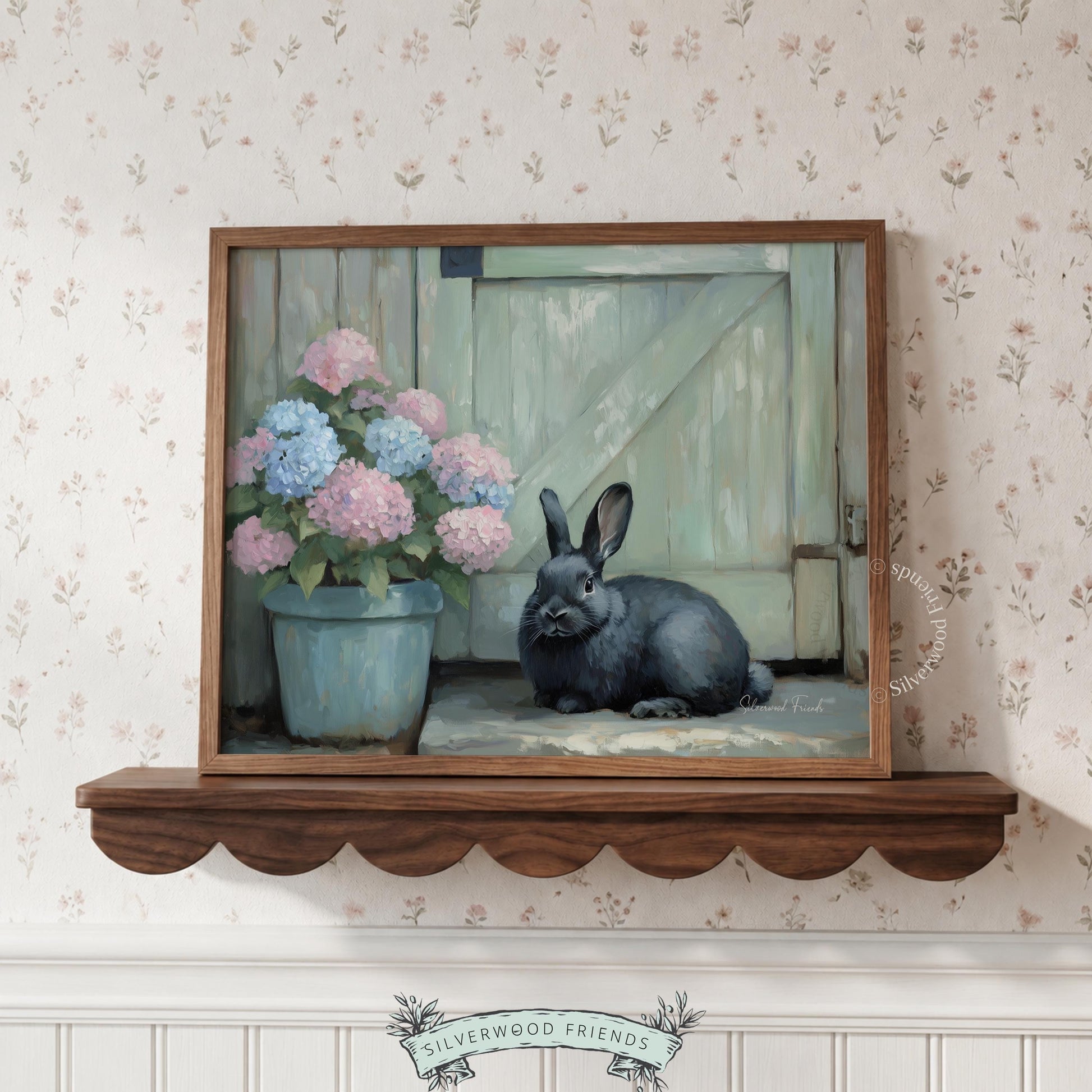 Beautiful rabbit poster for hallway — a floral touch beside a plump bunny creates a soothing rustic theme in soft tones.