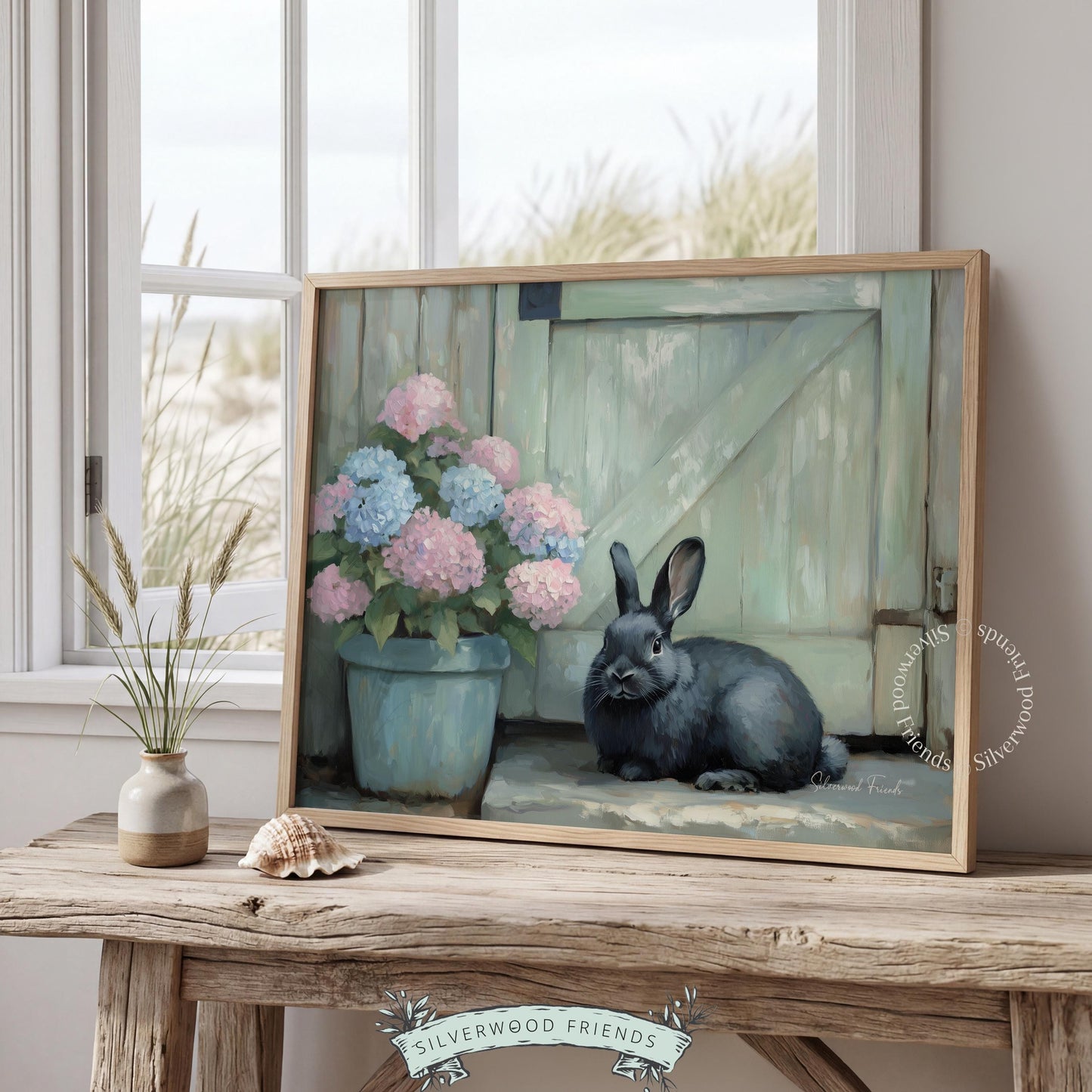 Charming rabbit digital download for child's bedroom — combines pastoral elements with floral details for a tranquil aesthetic.
