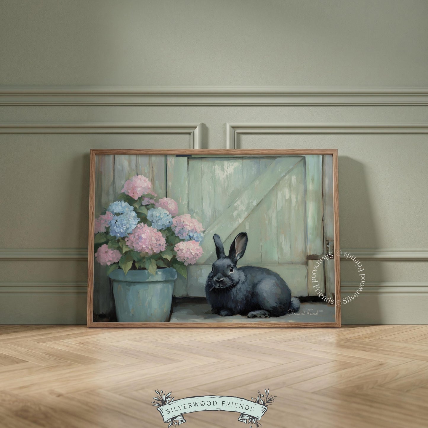 Beautiful gray bunny picture wall decor for entryway — captures the comforting essence of cottagecore with gentle light and flowers.