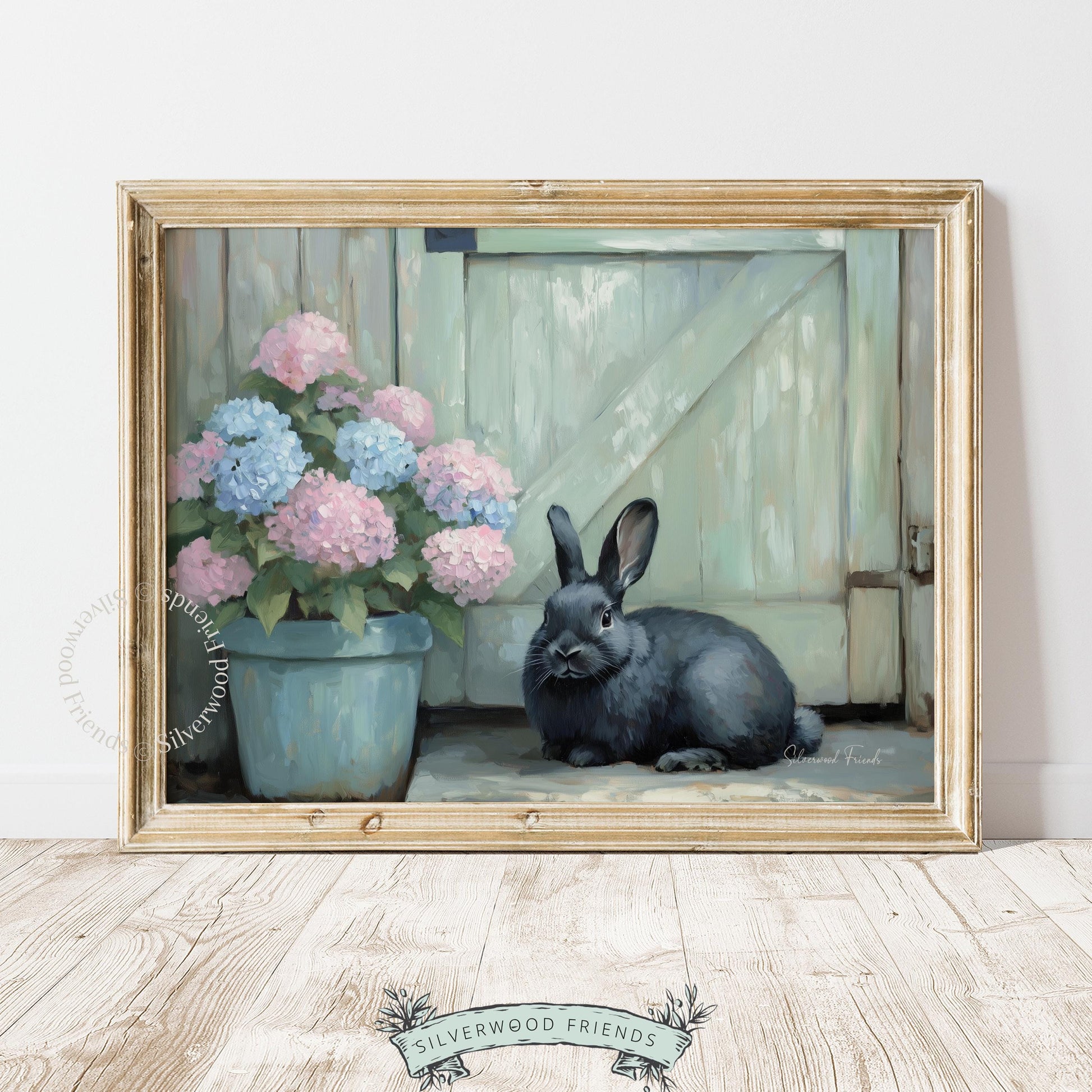Gray bunny wall art for cozy reading nook — serene and inviting atmosphere with rustic farmhouse elements and soft pastel hues.