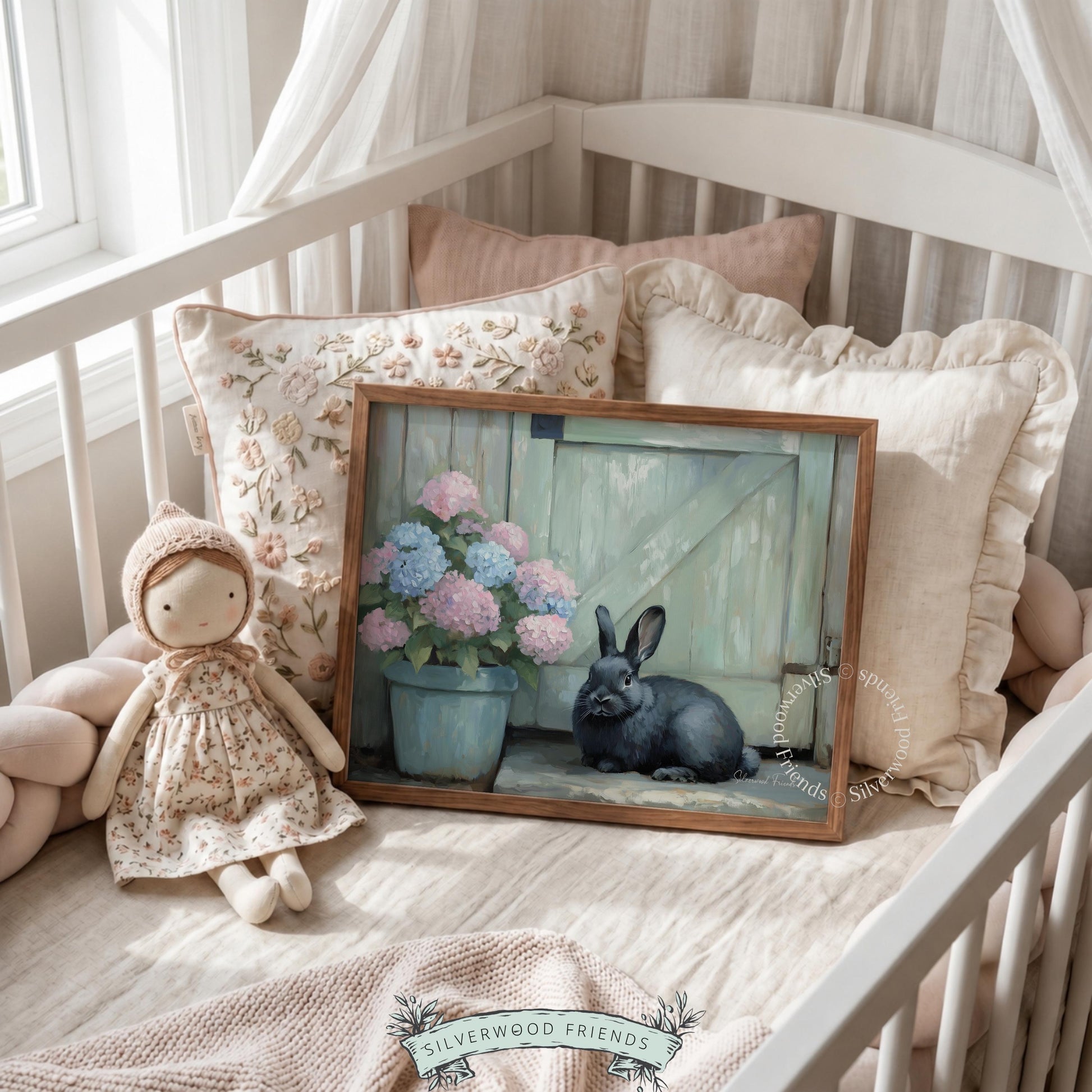 Graceful gray rabbit artwork for living room couch — encased in soft light with rustic details, perfect for a cozy atmosphere.