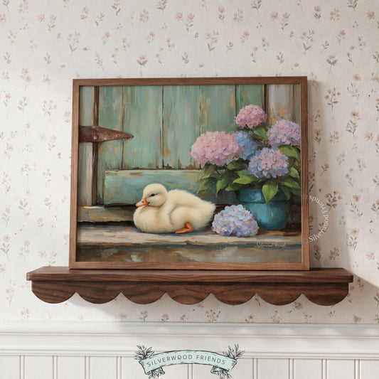 Peaceful duck painting printable art for living room — warm, cozy tones and vintage details evoke a serene atmosphere.
