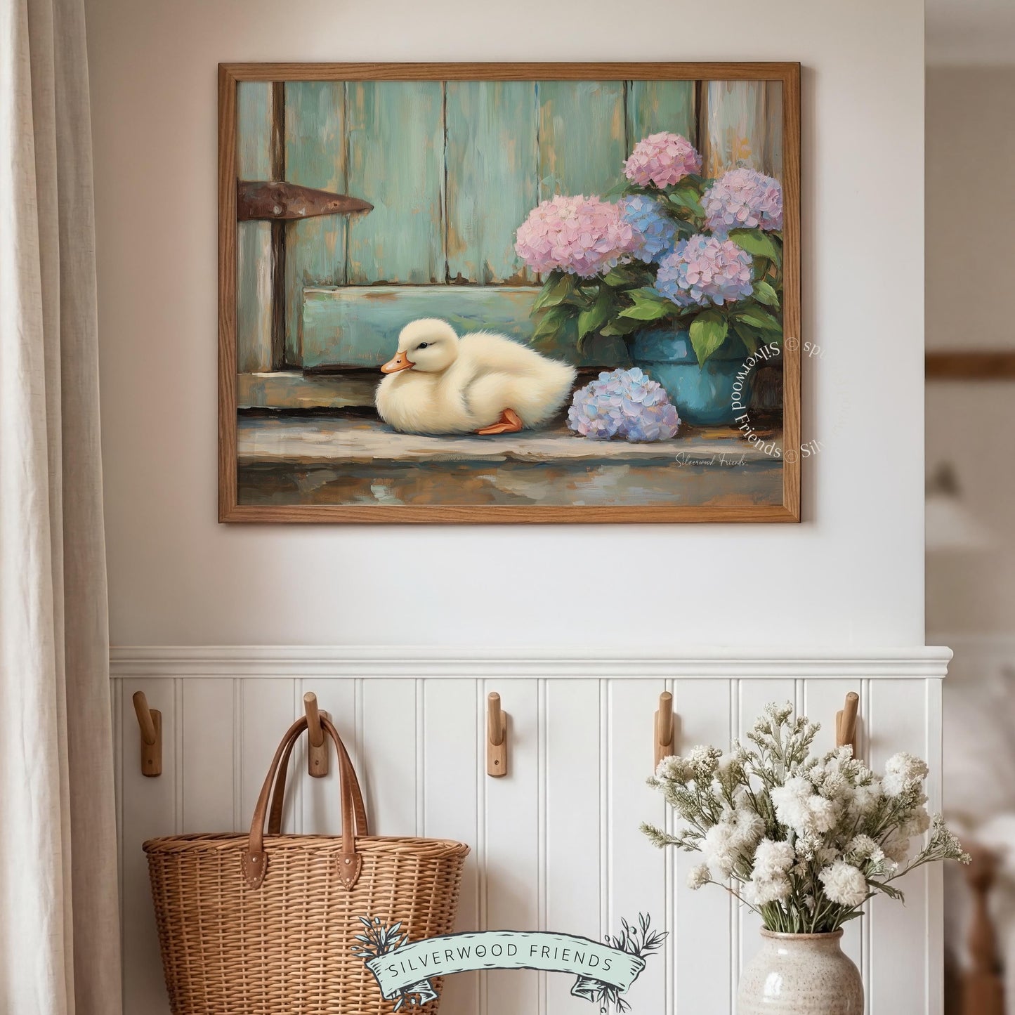 Peaceful sleeping duck art for entryway — rustic tones paired with beautiful hydrangeas create an inviting atmosphere.