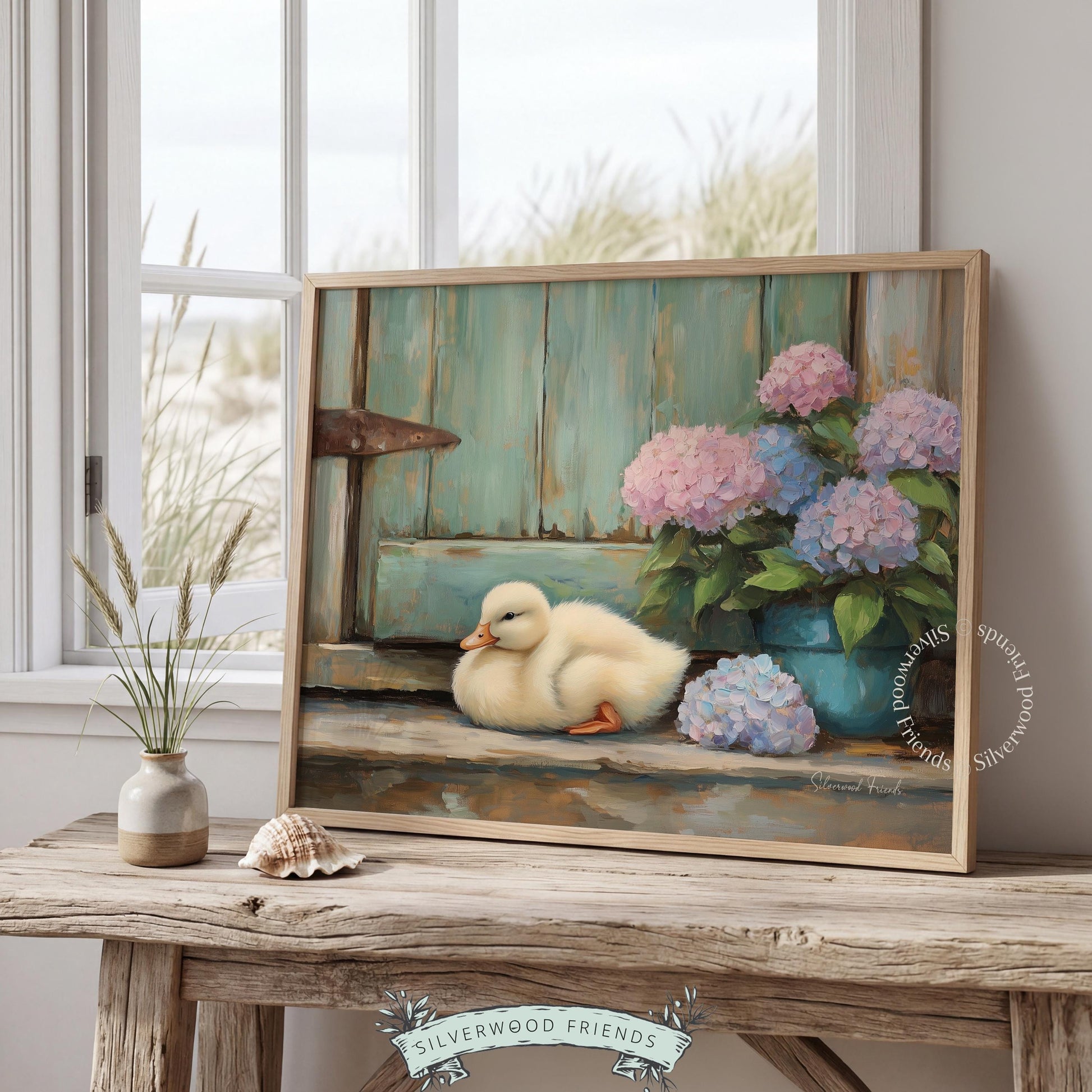 Fluffy white duckling art print for nursery — cozy, pastel hues with cottagecore charm and floral hydrangeas.
