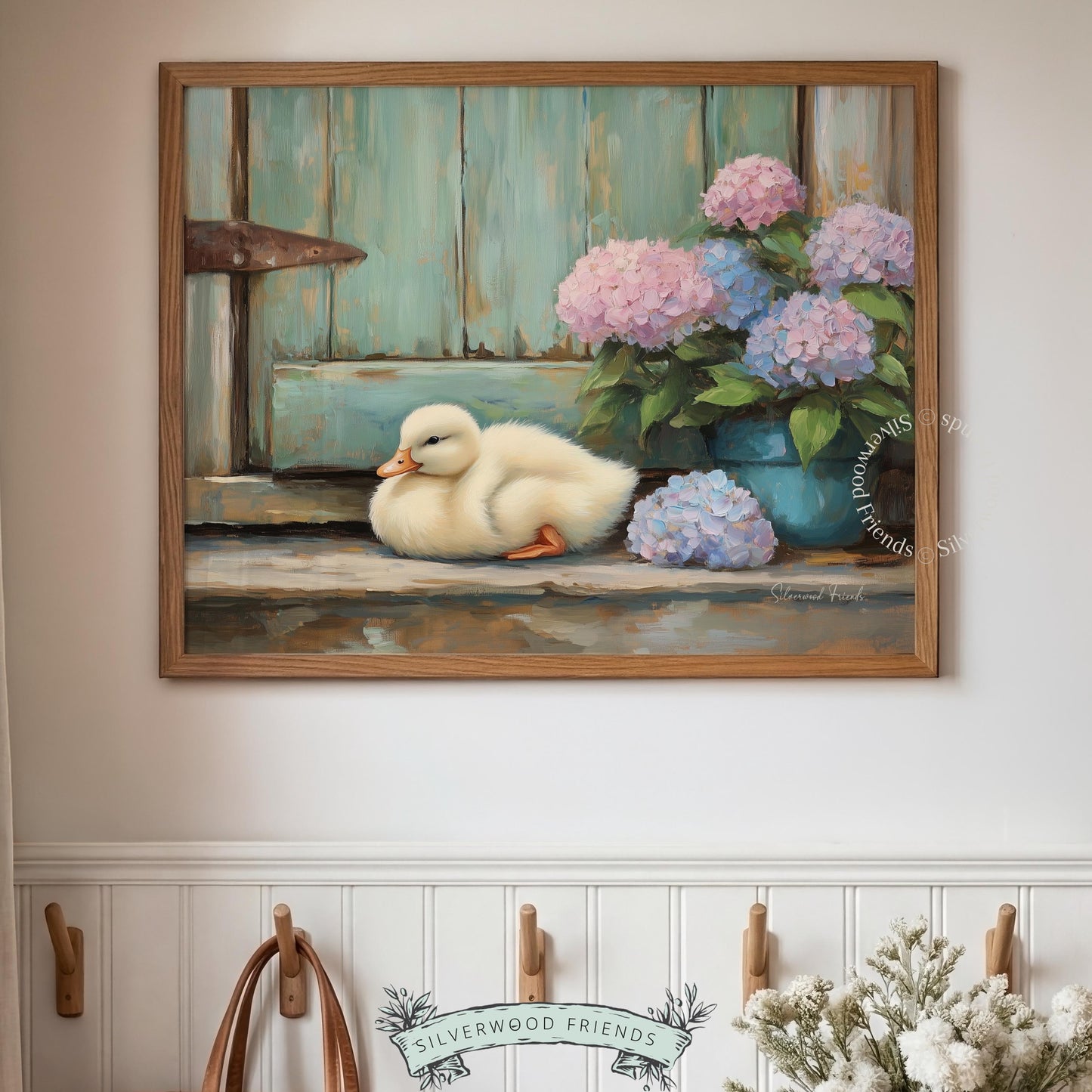 Charming duckling wall decor for farmhouse nursery — soft, traditional brushstrokes bring life and warmth to your space.