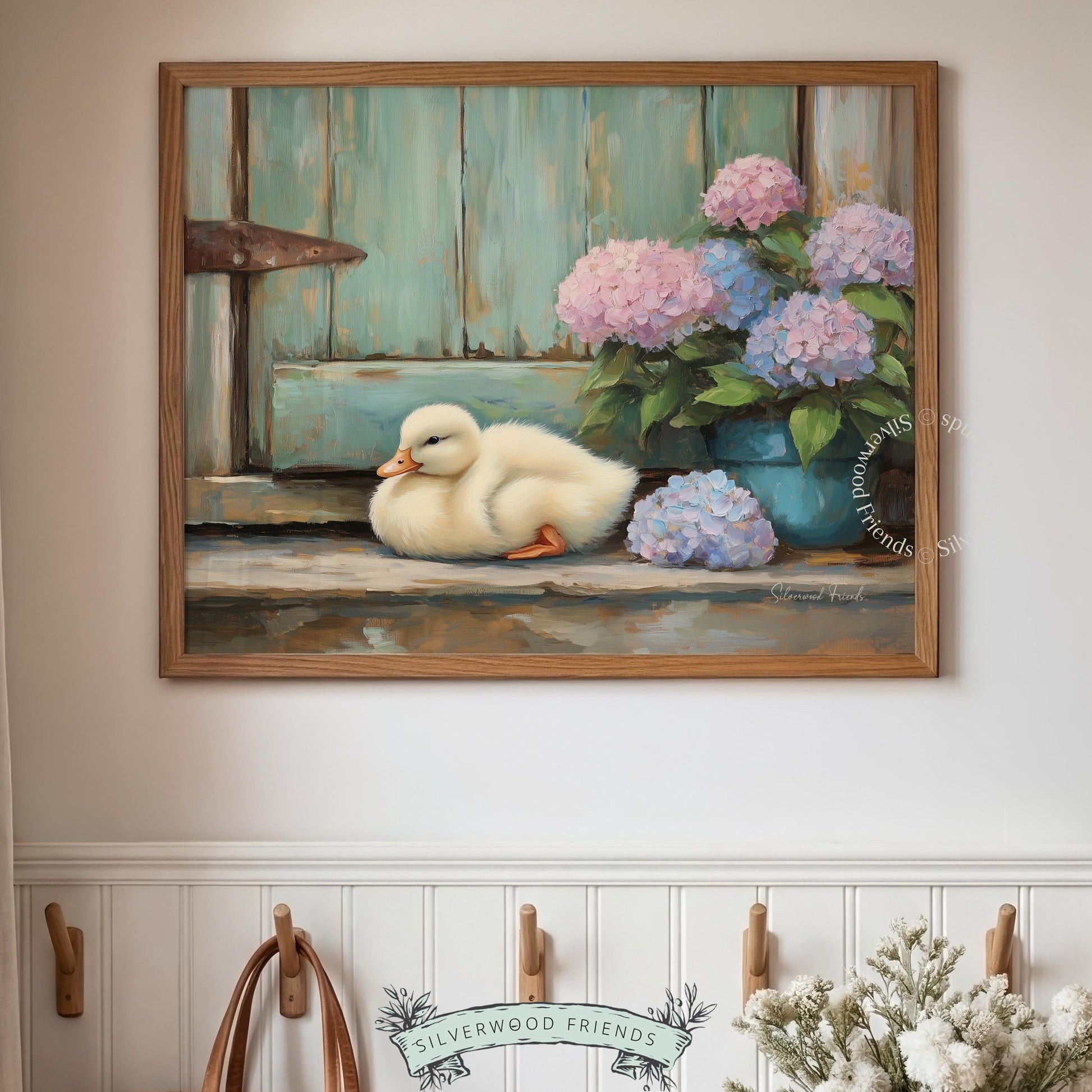 Charming duckling wall decor for farmhouse nursery — soft, traditional brushstrokes bring life and warmth to your space.