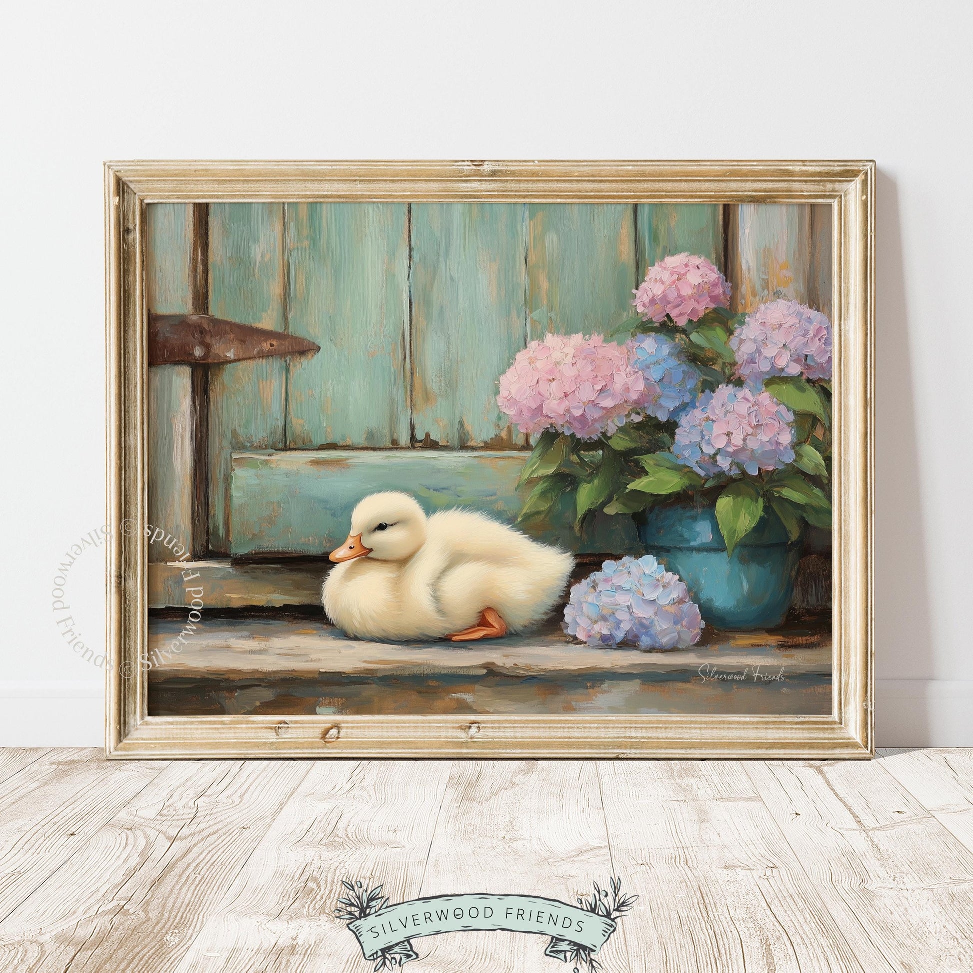 Sweet duckling art piece for sunny kitchen — rustic charm meets soothing pastel colors, perfect for homey touches in the heart of the home.