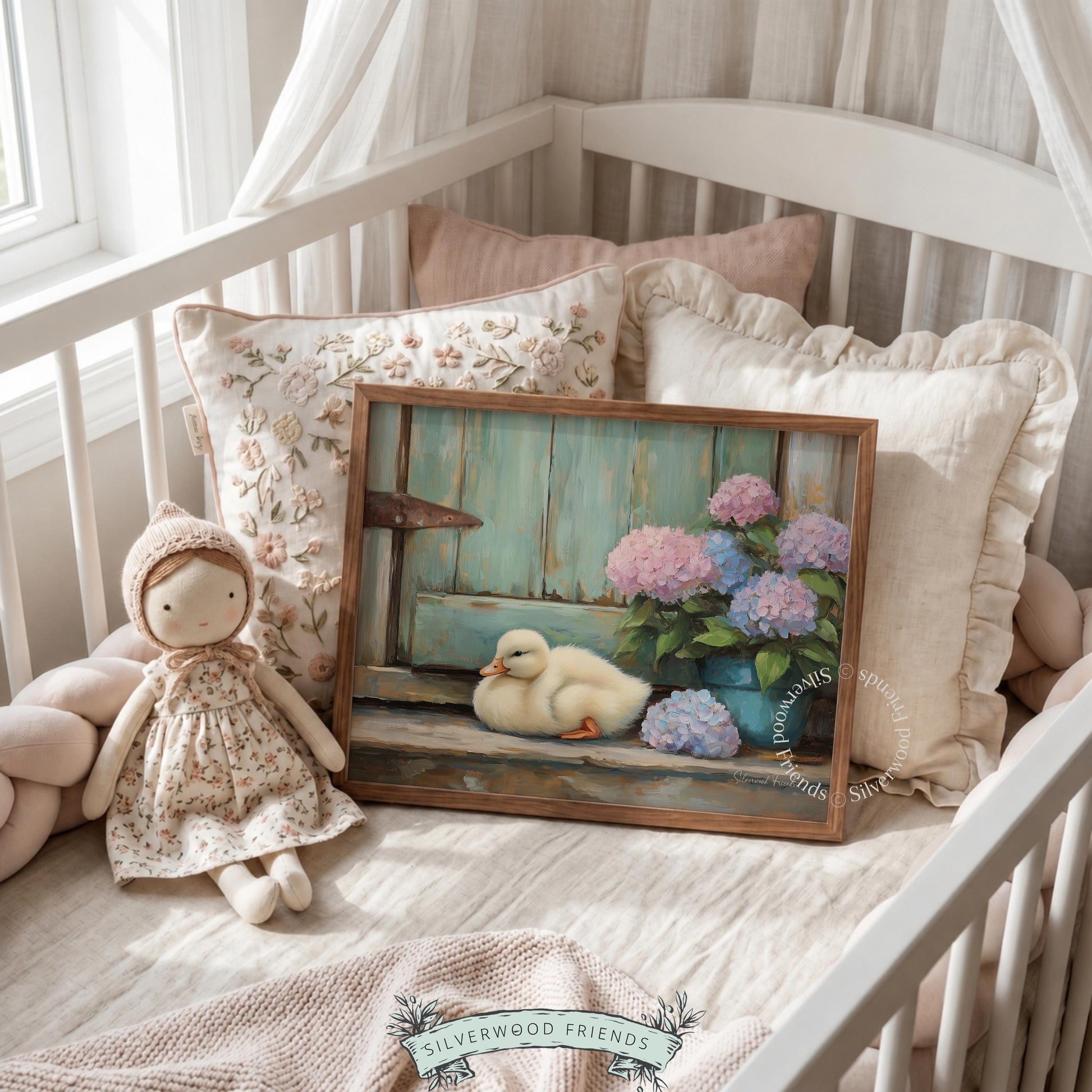 Adorable curled-up duck art for children's room — rustic farmhouse style with pink and lavender flowers for calming decor.