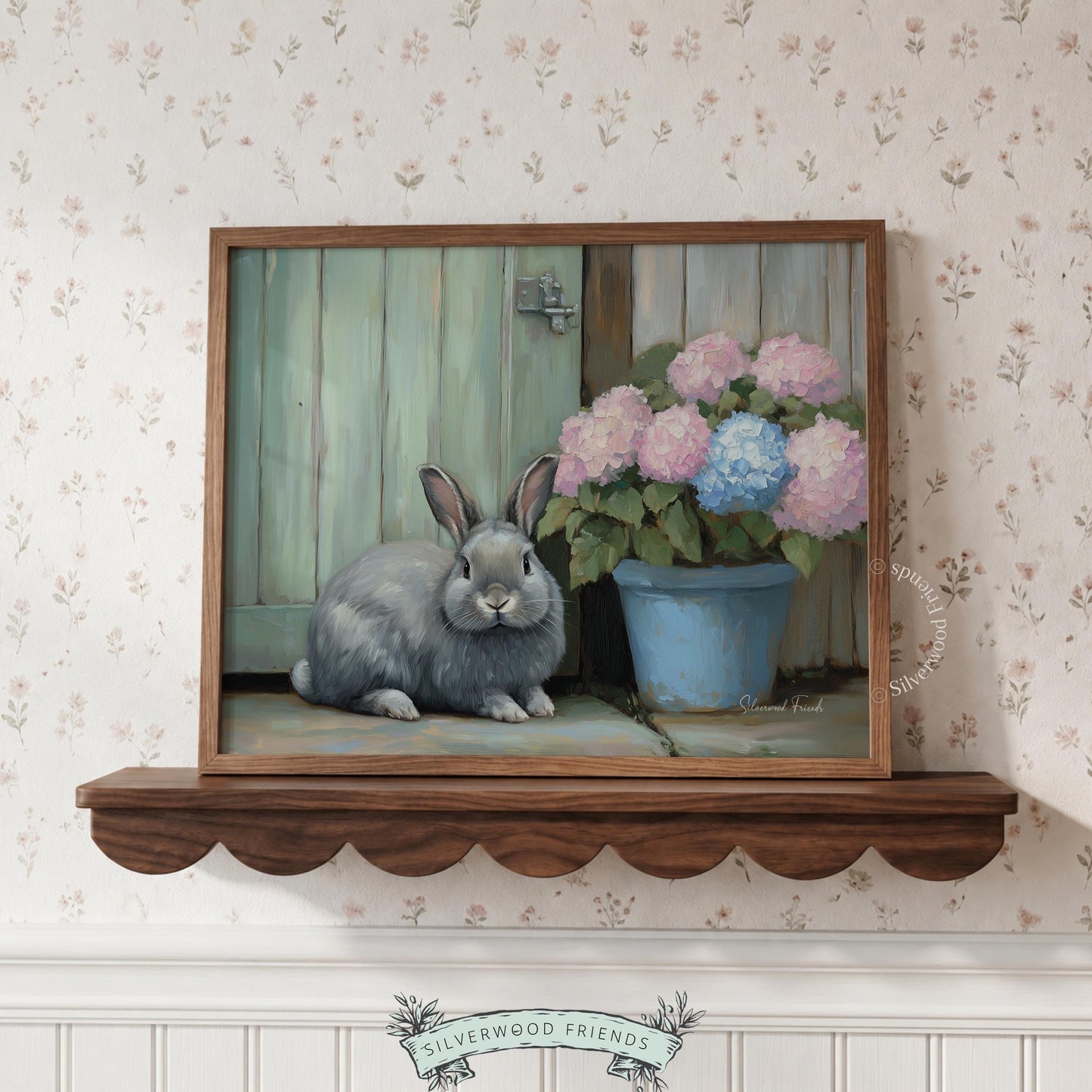 Relaxed rabbit digital print for playroom — charming cottagecore theme featuring beautiful pink and blue hydrangeas.