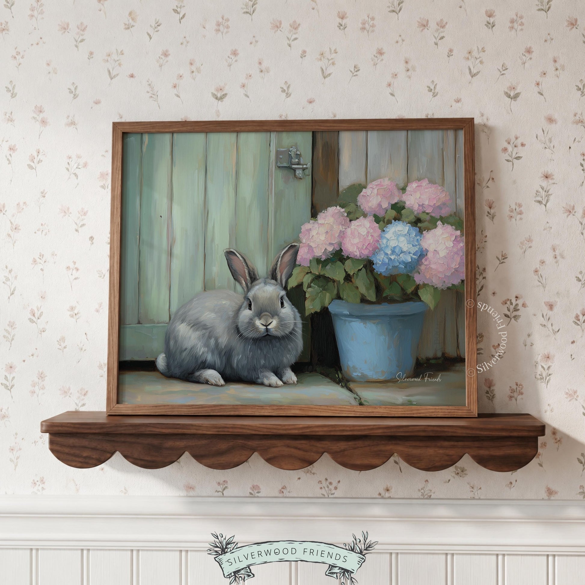 Relaxed rabbit digital print for playroom — charming cottagecore theme featuring beautiful pink and blue hydrangeas.