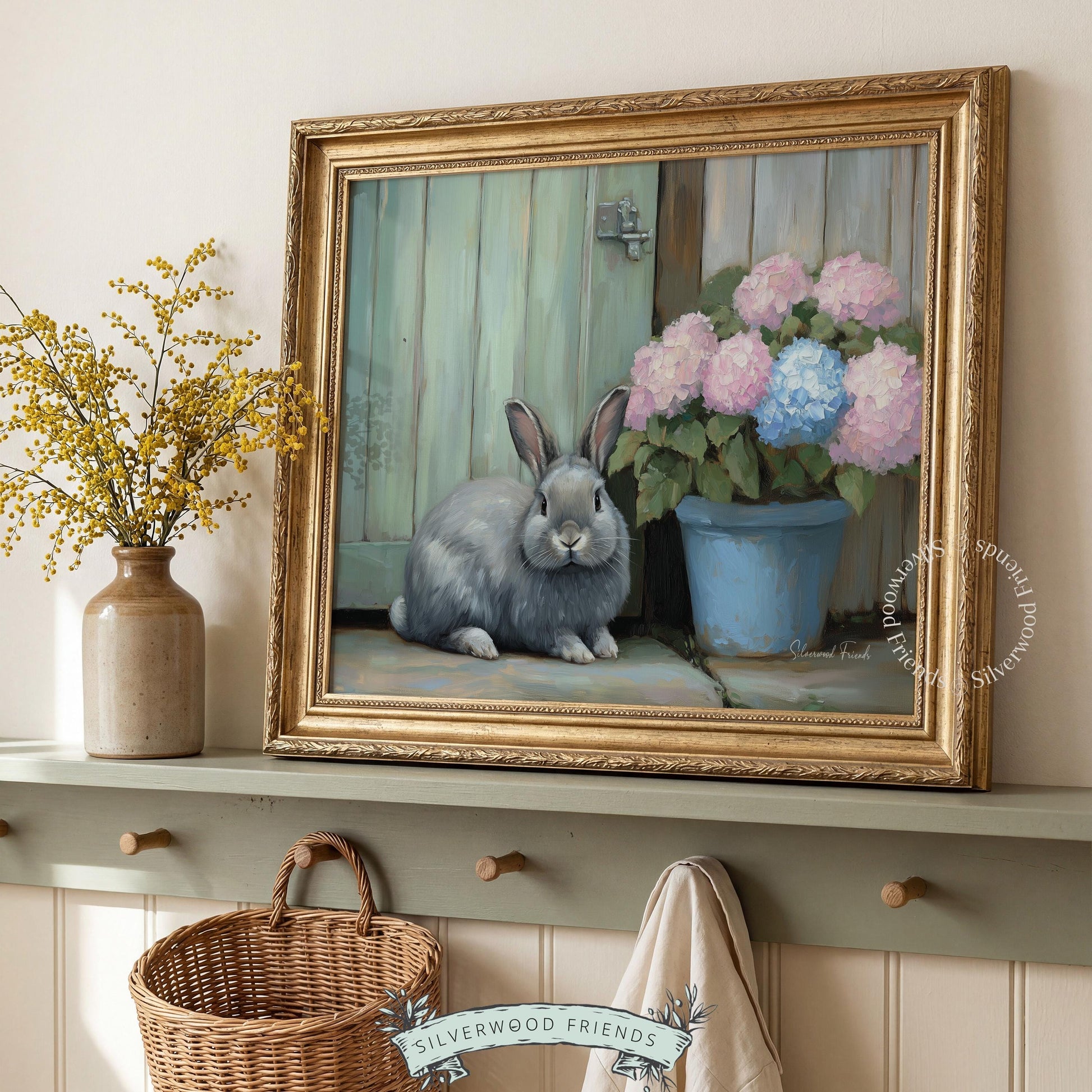 Cute grey rabbit poster for cozy nook — serene cottage-inspired piece accompanied by delicate floral arrangements.