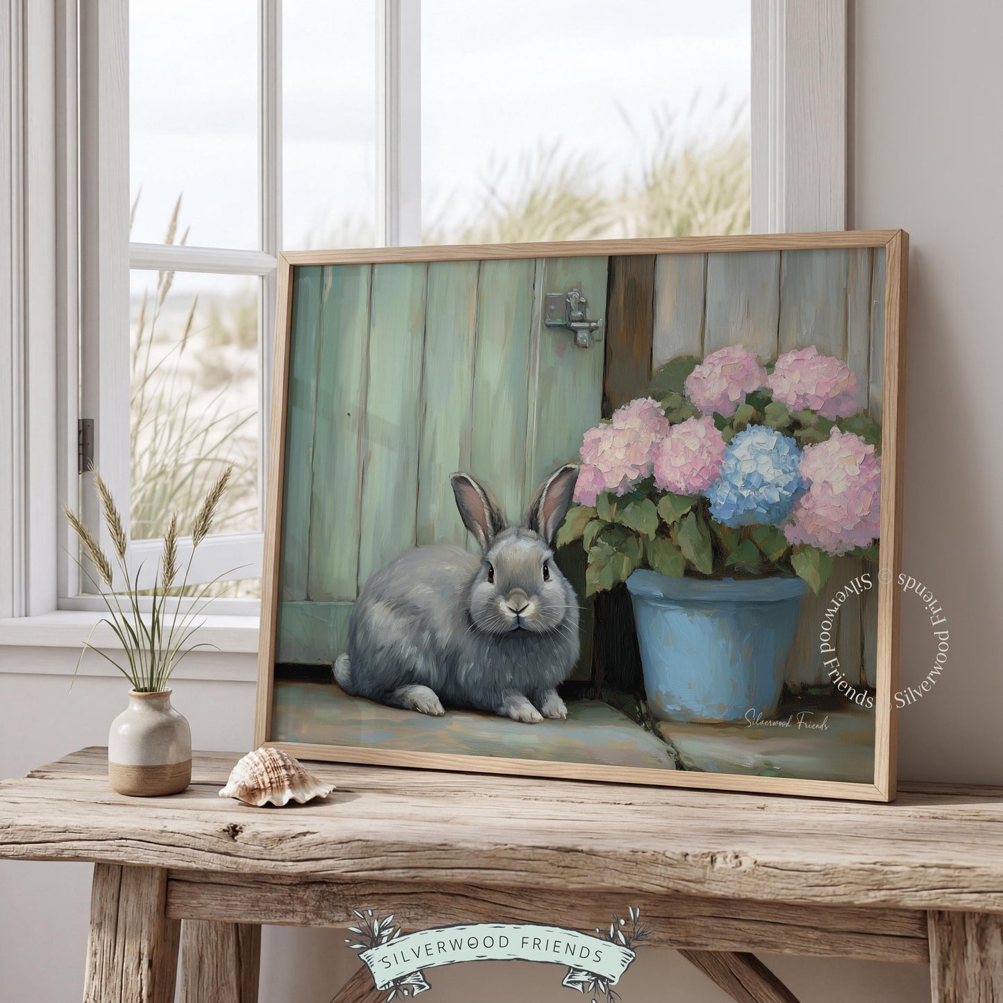 Serene bunny poster for rustic retreat — classic cottagecore artwork combining gentle tones and delightful floral accents.