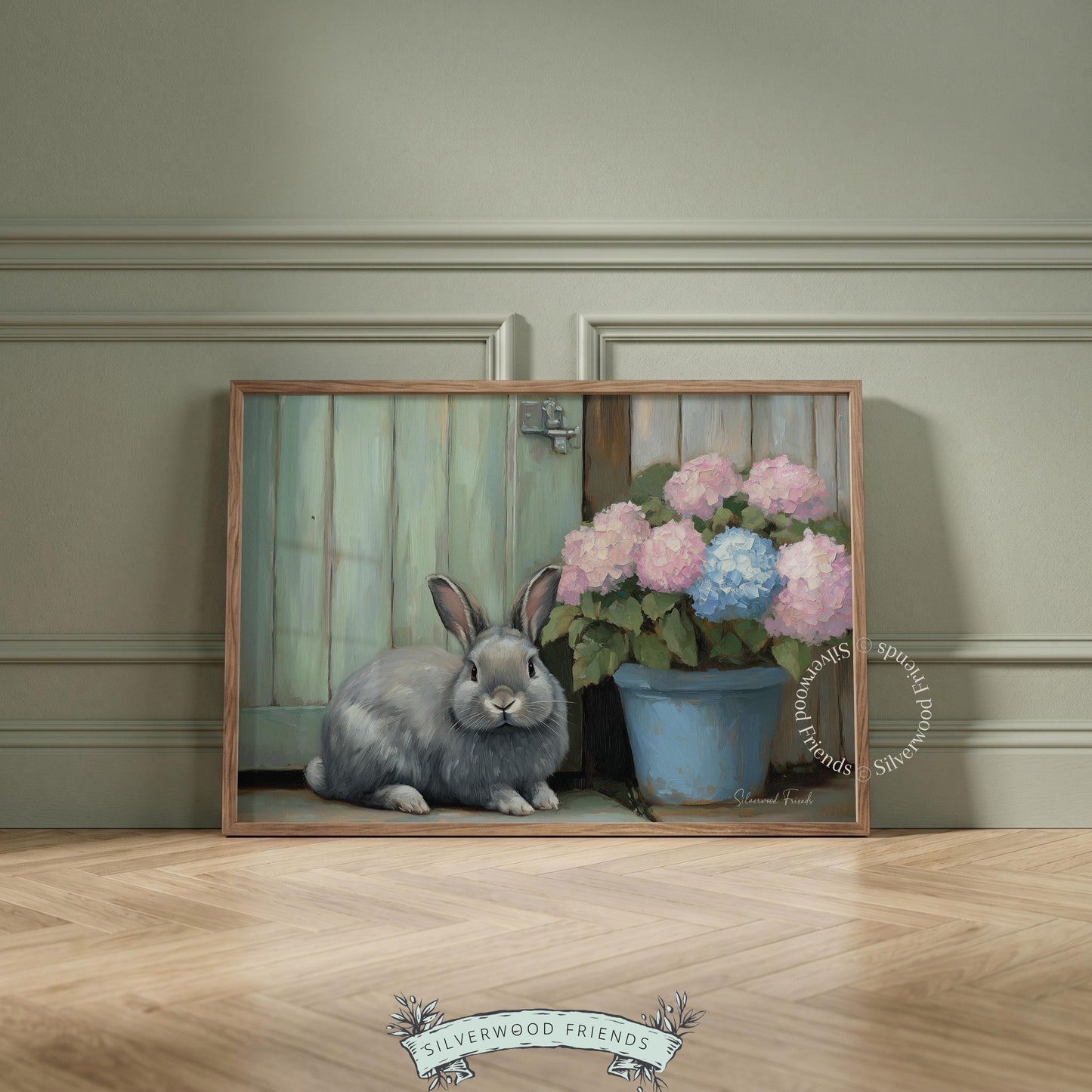 Plump grey rabbit wall art for nursery — cozy farmhouse style with soft pastels and serene vibes beside floral elements.