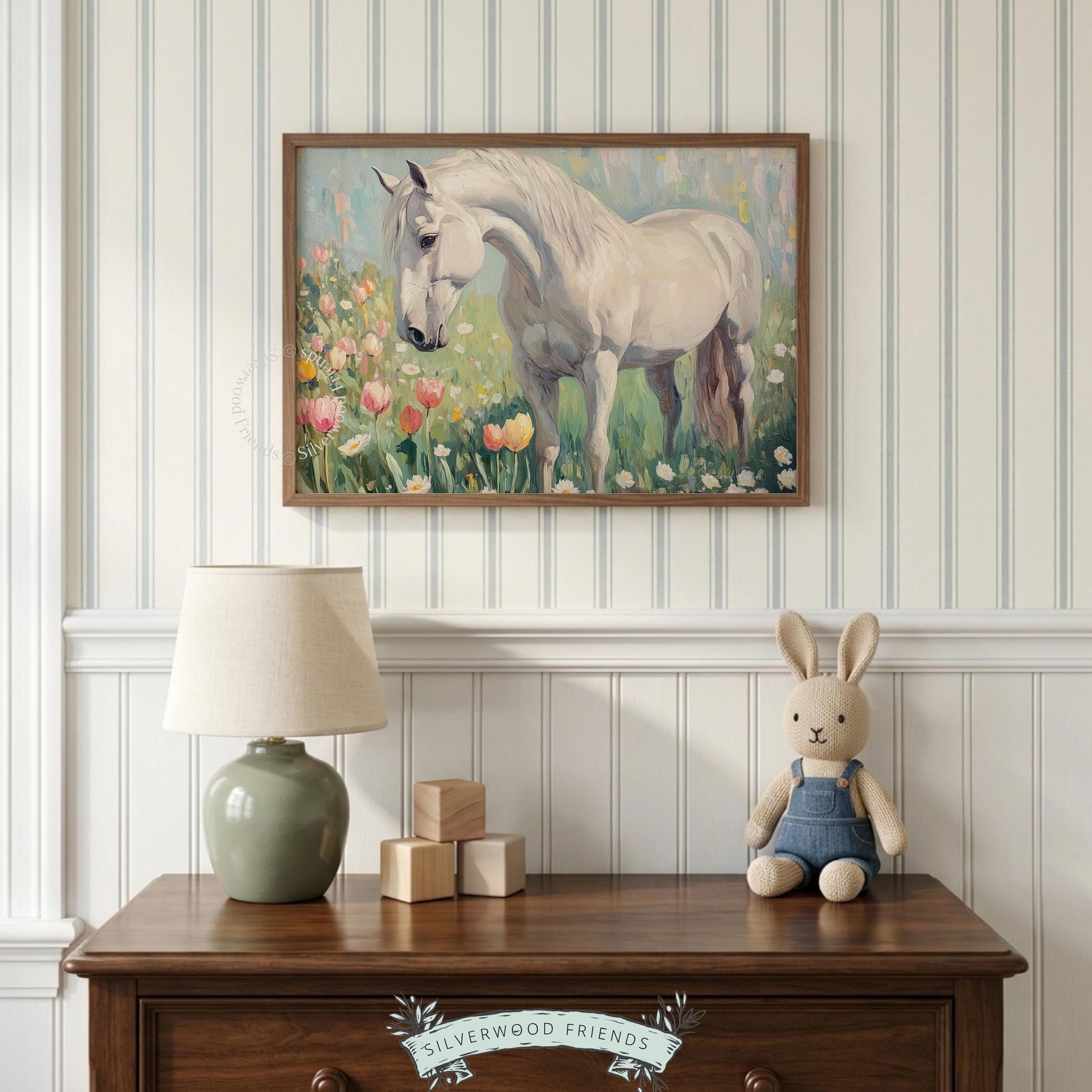 White horse oil painting poster for the living room — serene rural scene with soft pastel colors enhancing the calming vibe.