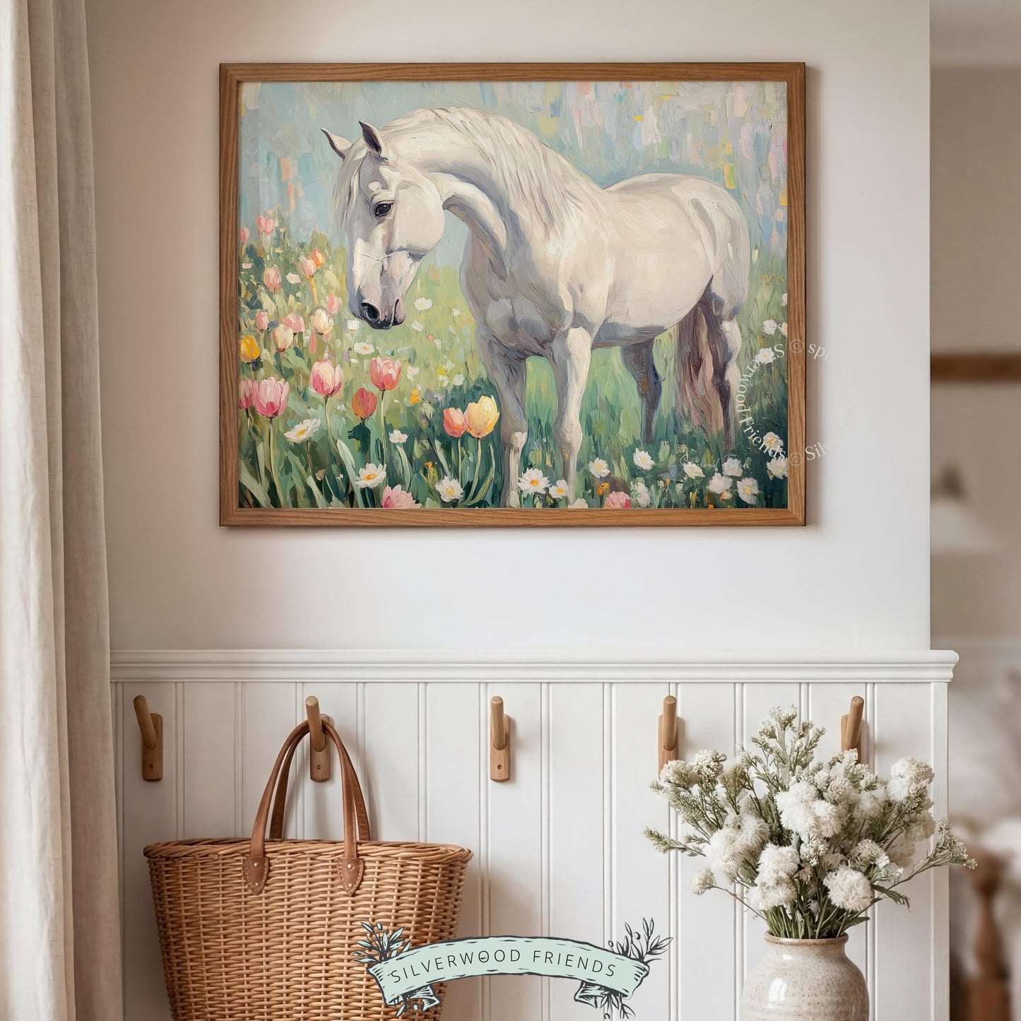 White horse painting wall decor for farmhouse kitchen — romantic countryside scene with a calming palette and pastoral elements.