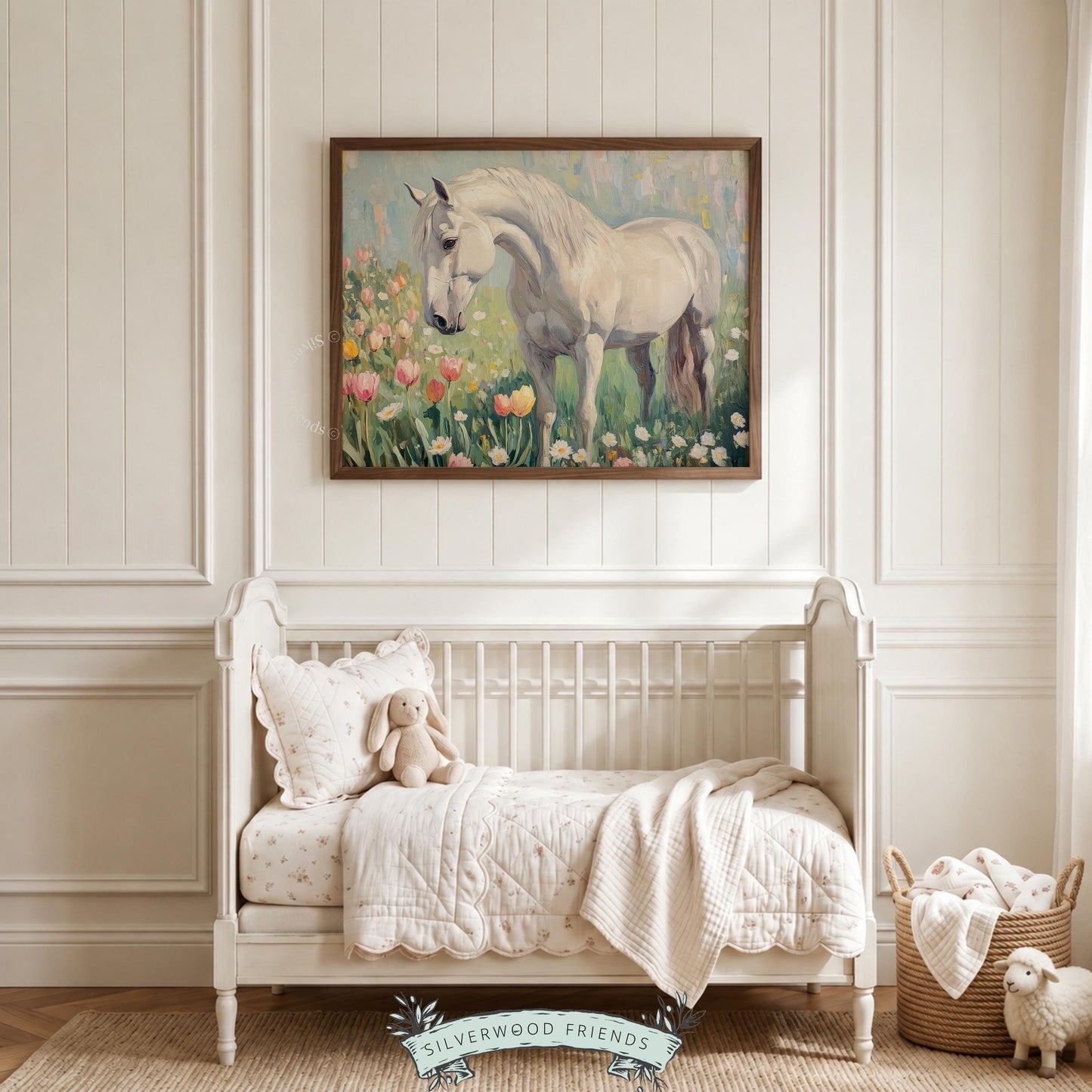 White horse artwork for entryway — painterly scene radiating serenity, adorned with blooming wildflowers under a hazy sky.