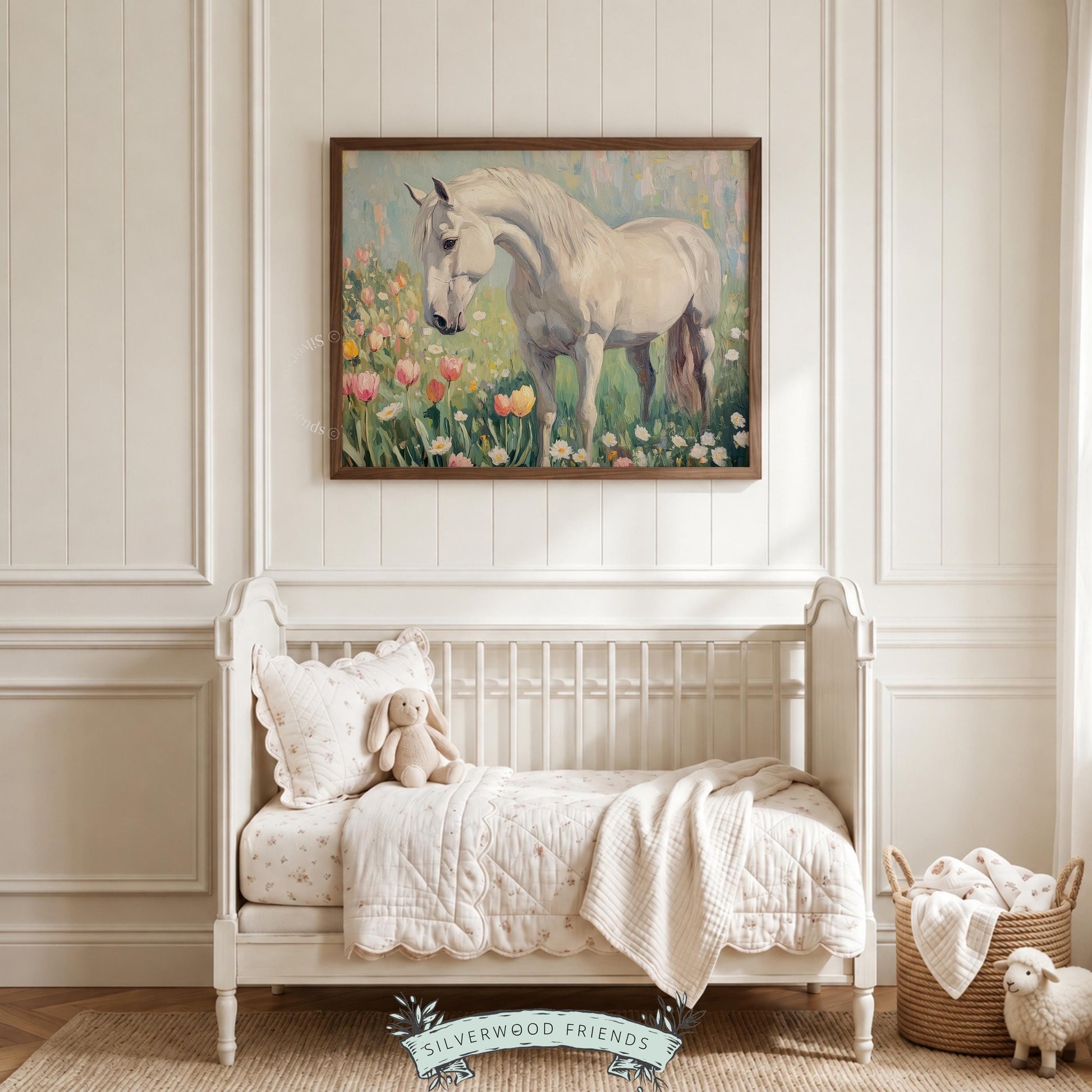 White horse artwork for entryway — painterly scene radiating serenity, adorned with blooming wildflowers under a hazy sky.