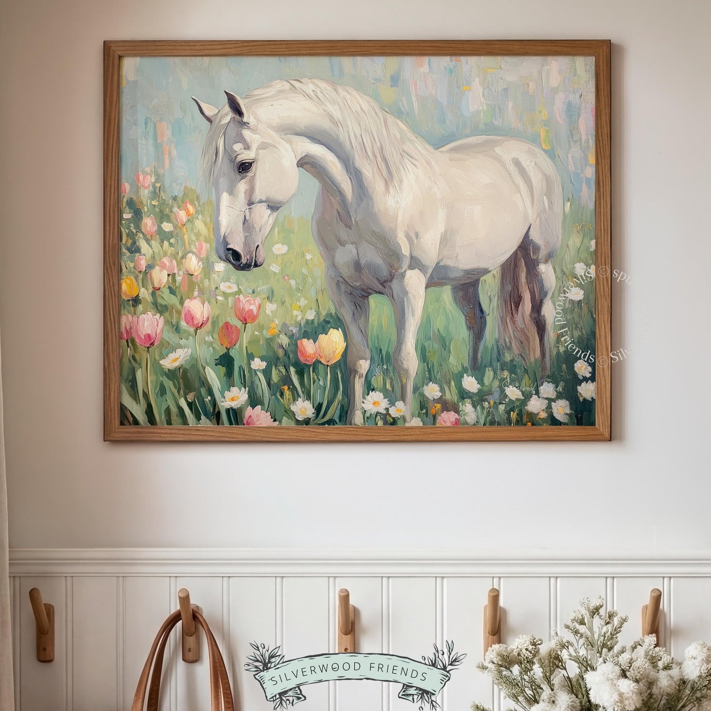 Serene white horse digital download for girl’s playroom — charming artwork blending cottagecore elegance with soothing pastel tones.