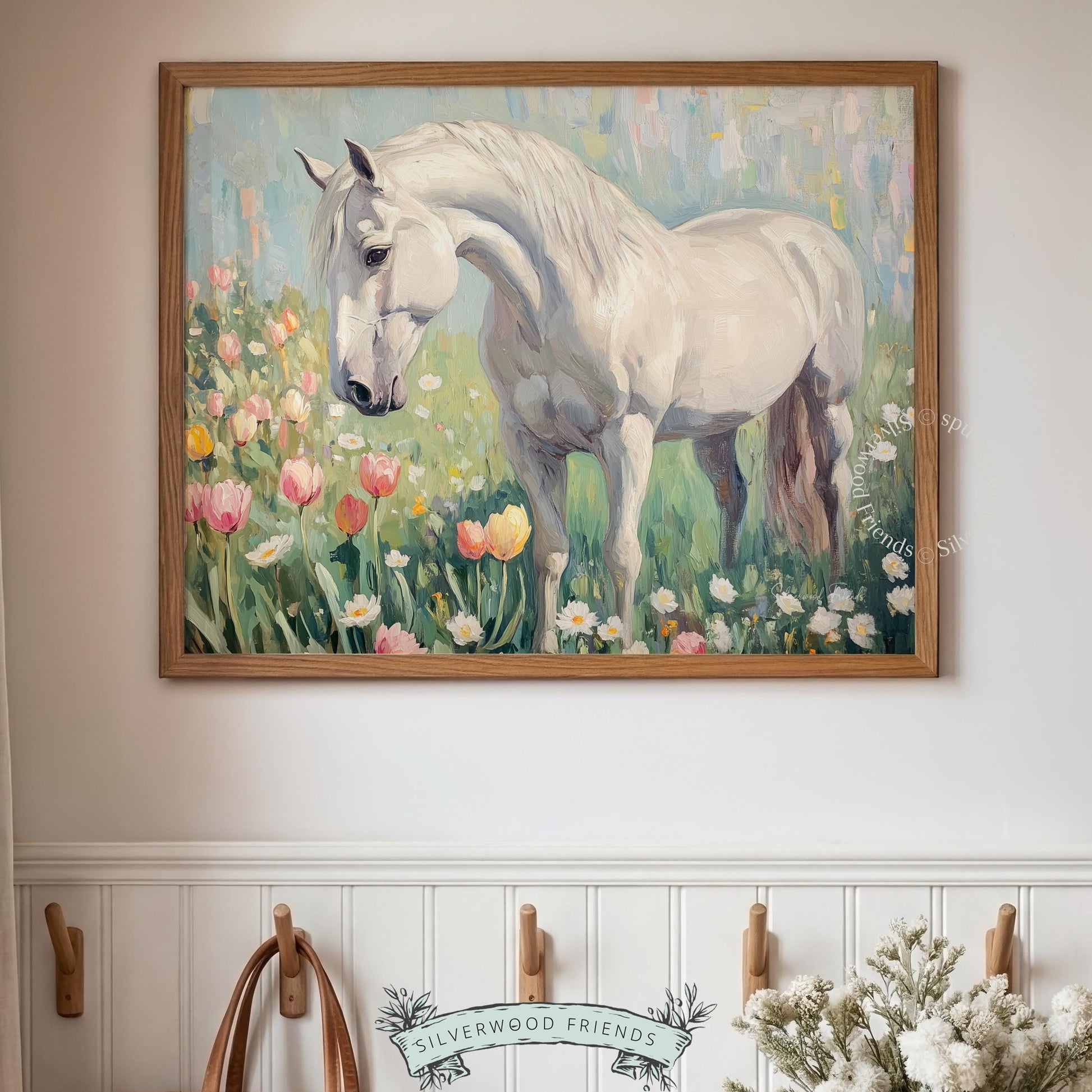 Serene white horse digital download for girl’s playroom — charming artwork blending cottagecore elegance with soothing pastel tones.