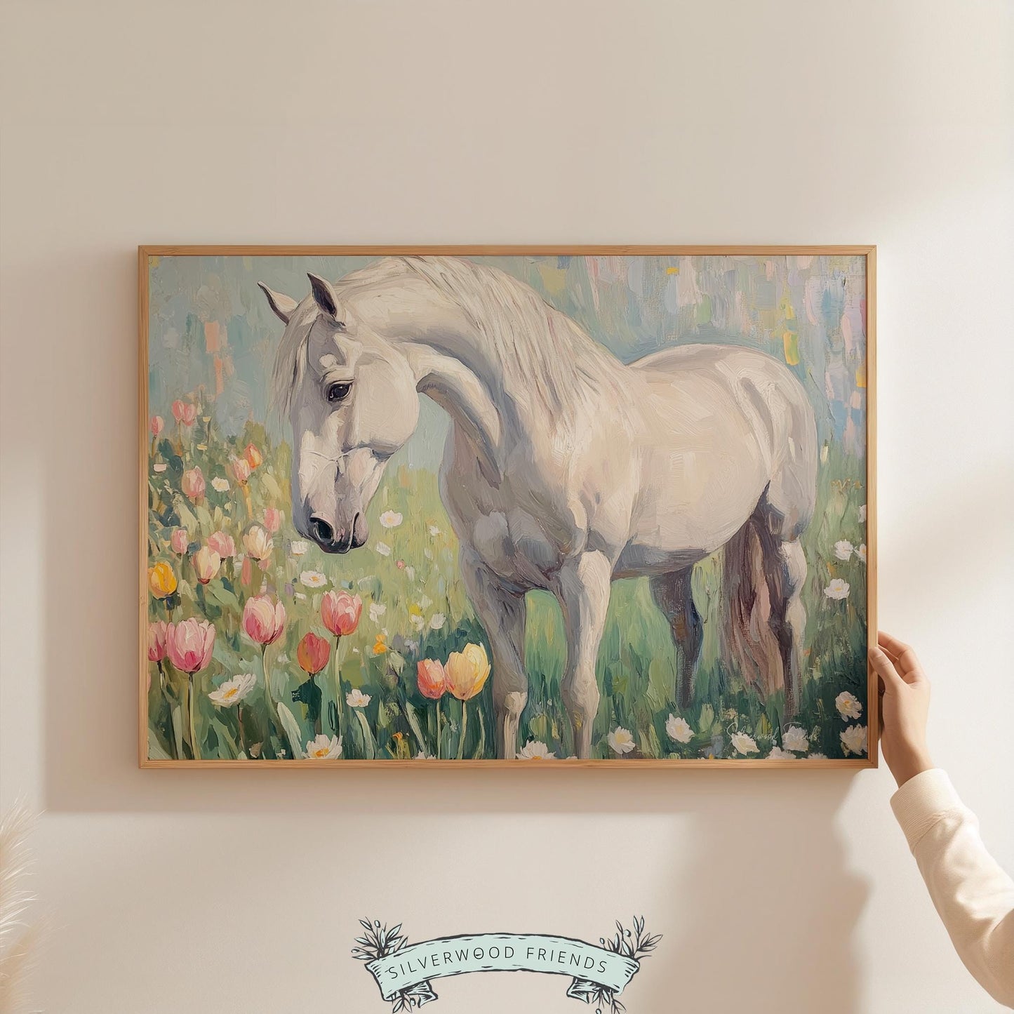 Elegant horse wall art for the bedroom — pastoral artwork creating a tranquil atmosphere with loose brushwork and floral accents.