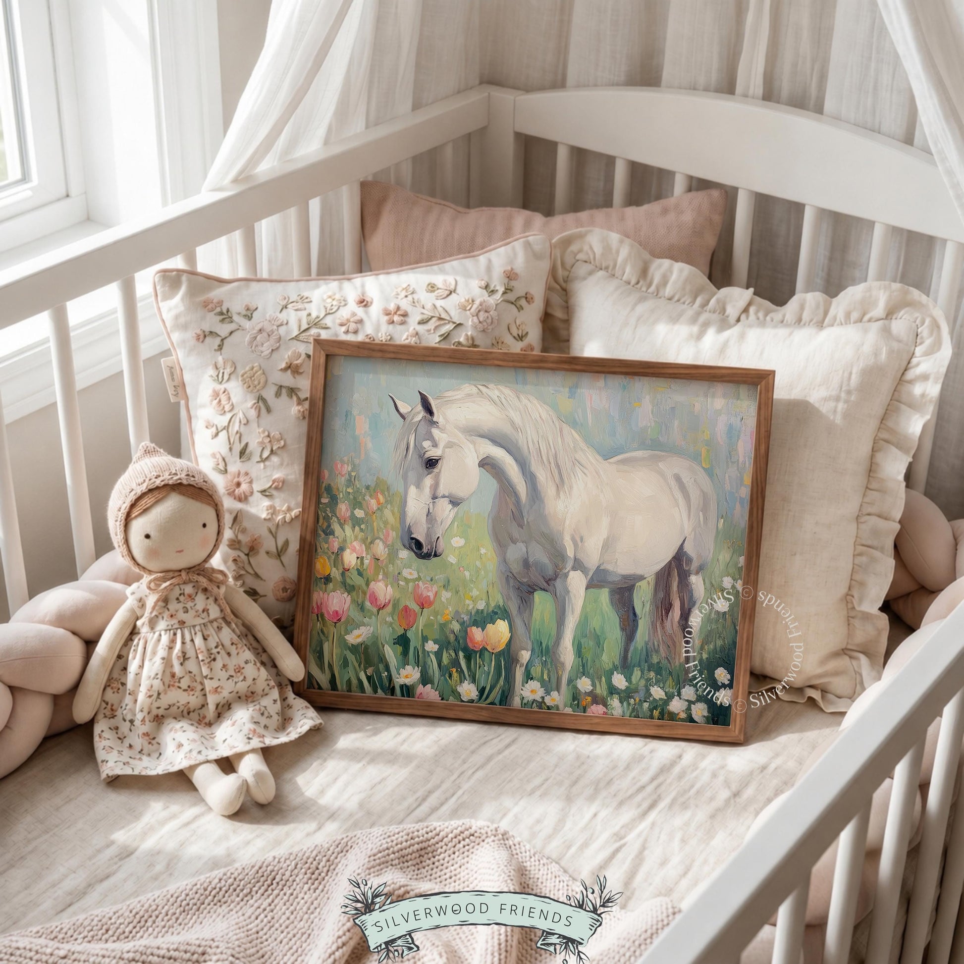 Graceful white horse digital print for nursery — romantic countryside-inspired image with gentle colors and a peaceful spring meadow.
