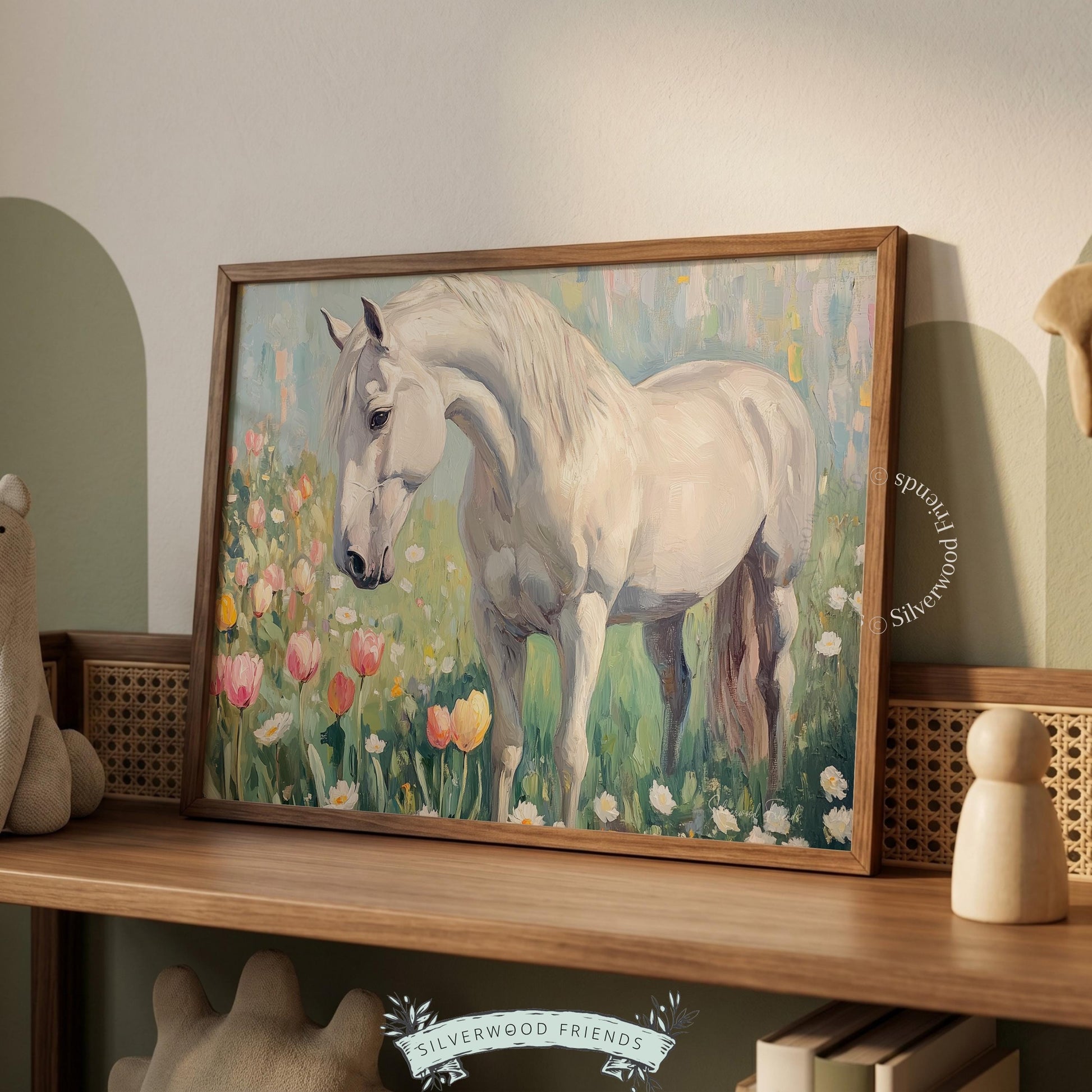 Romantic white horse painting wall art for master bedroom — evoking serenity with its loose brushwork and floral accents.