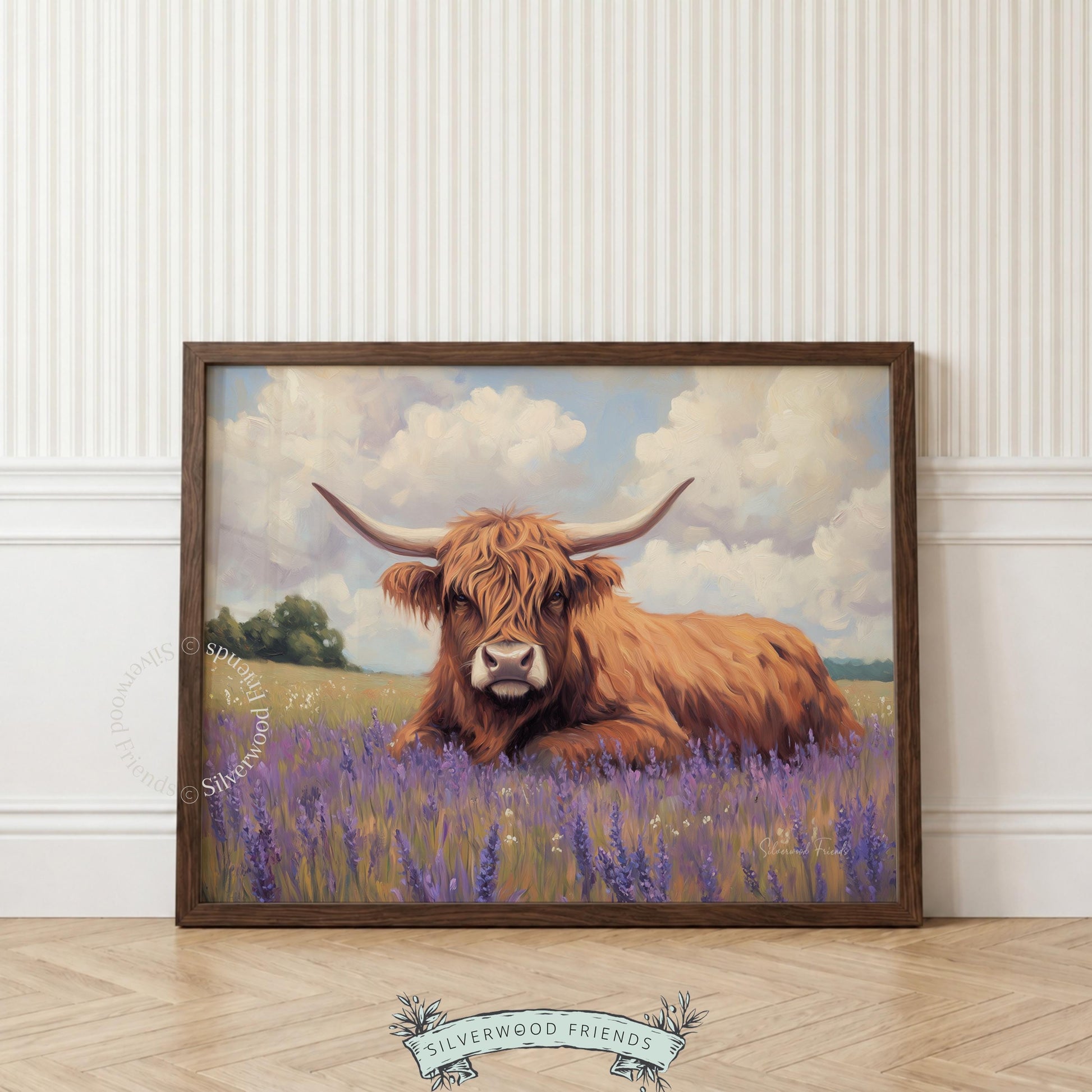 Highland cow artwork for farmhouse kitchen — charming piece featuring wildflowers and a lazy cow that enhances a cozy ambiance.