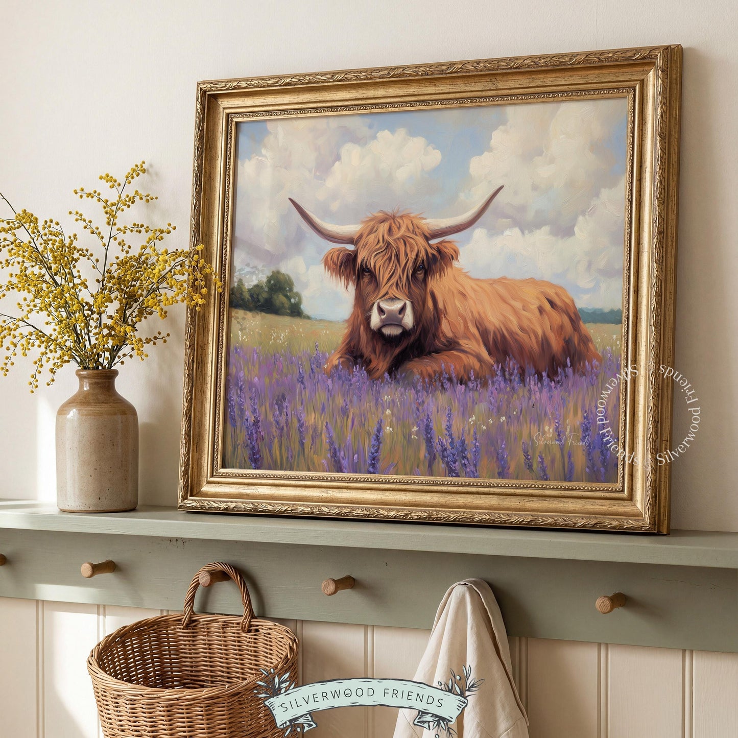Highland cow wall art for cozy nook — pastoral vibes with a shaggy cow, textured brushwork, and a field of soothing purple flowers.