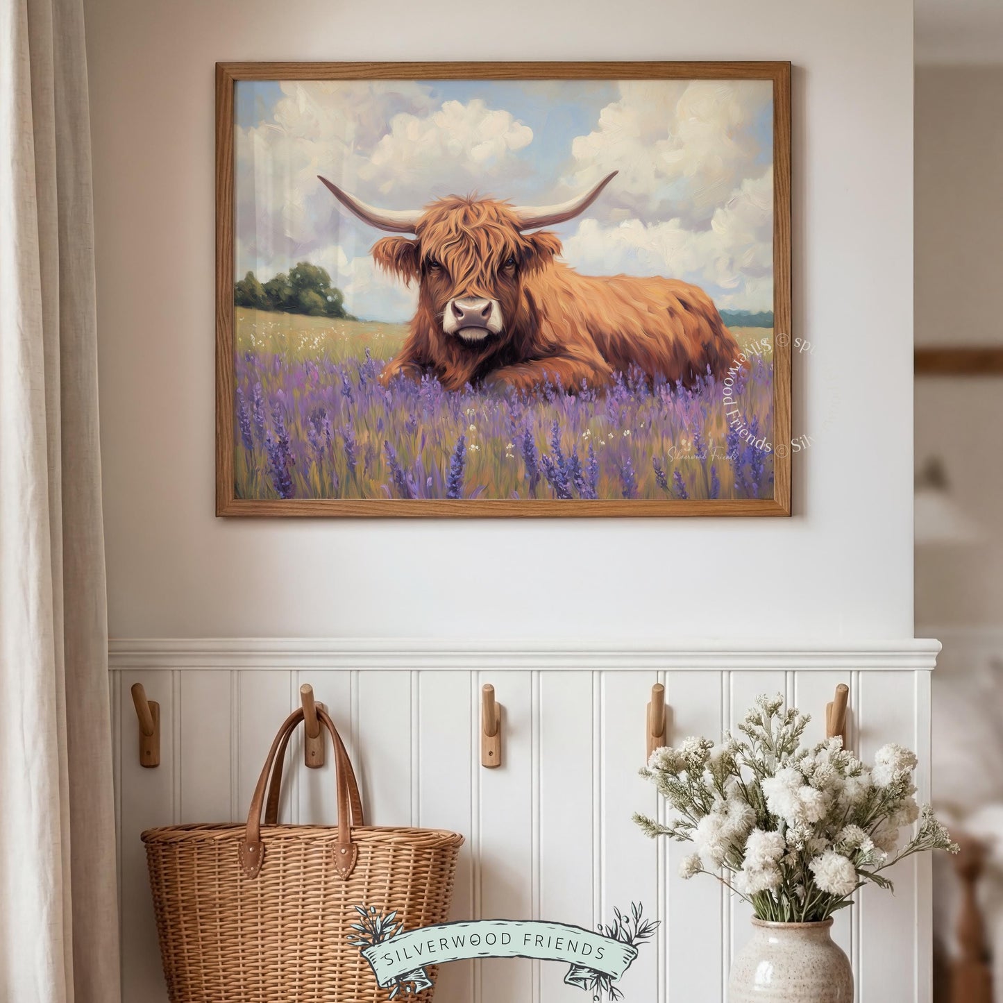 Rustic Highland cow poster for living room — warm colors mixed with wildflowers create an inviting atmosphere for nature lovers.