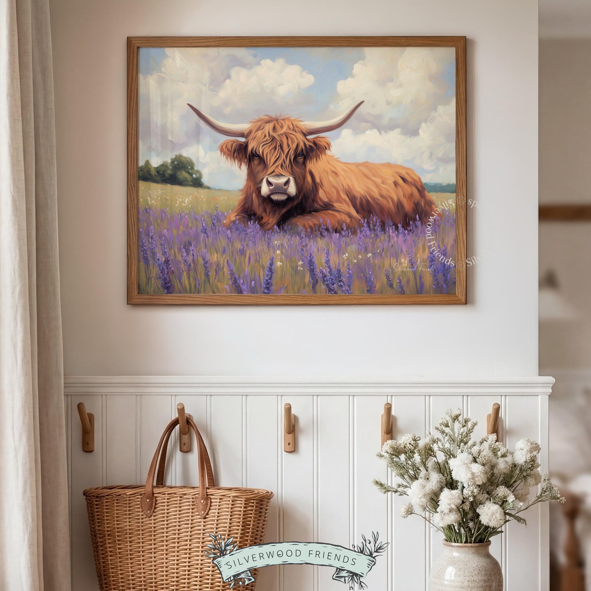 Rustic Highland cow poster for living room — warm colors mixed with wildflowers create an inviting atmosphere for nature lovers.